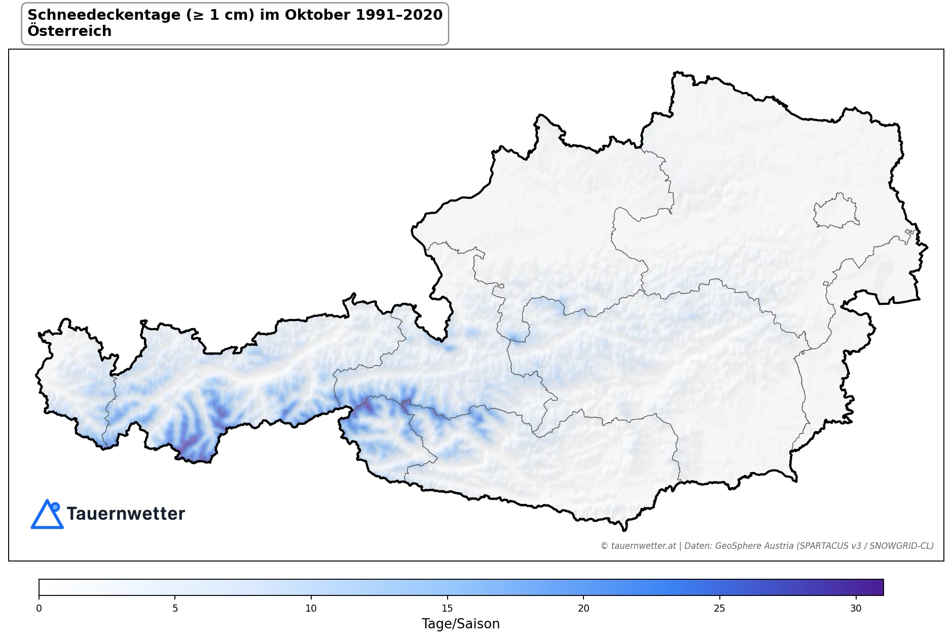 Klimakarte Tage mit Schneedecke (≥ 1 cm), Oktober 1991–2020 in Österreich