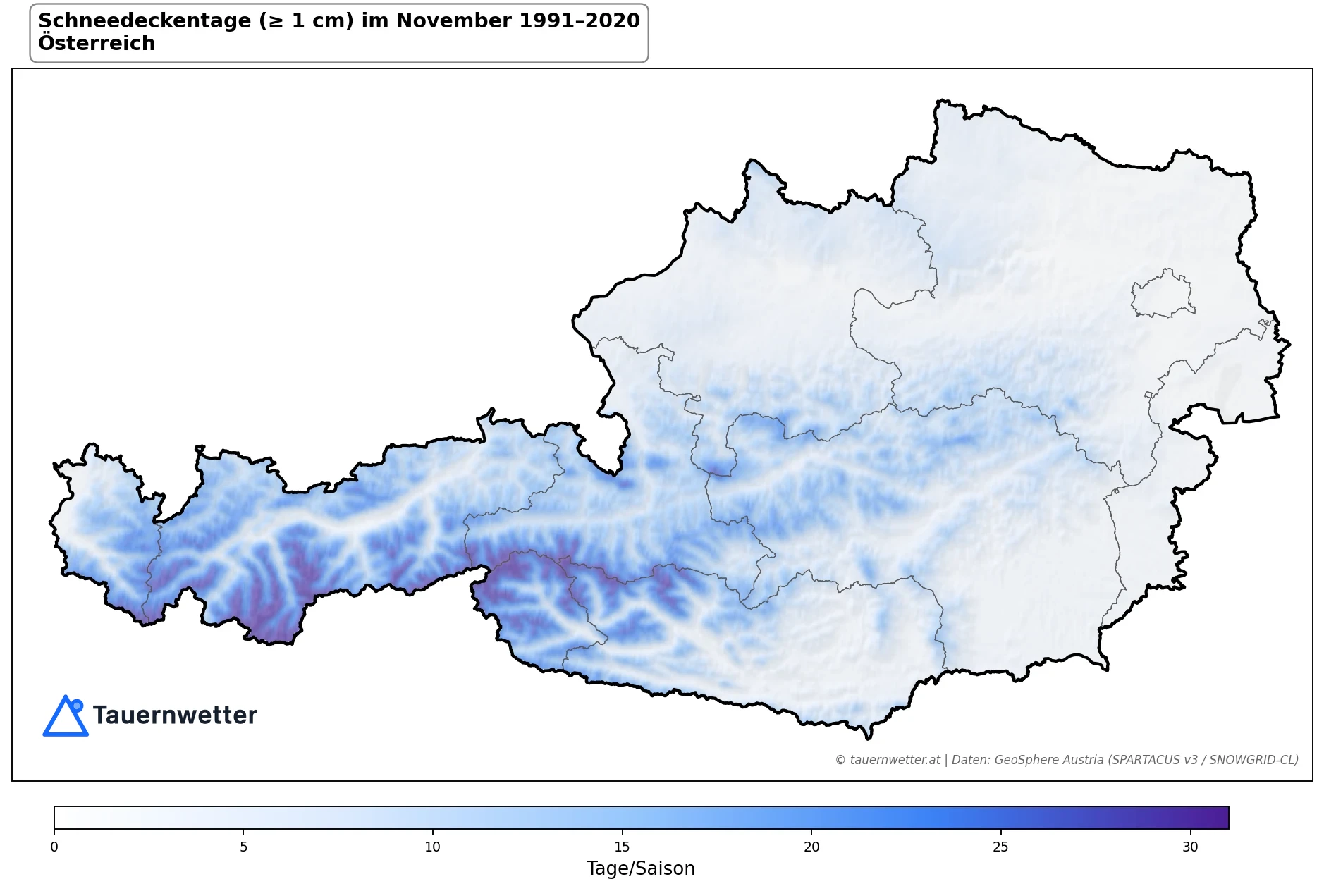 Klimakarte Tage mit Schneedecke (≥ 1 cm), November 1991–2020 in Österreich