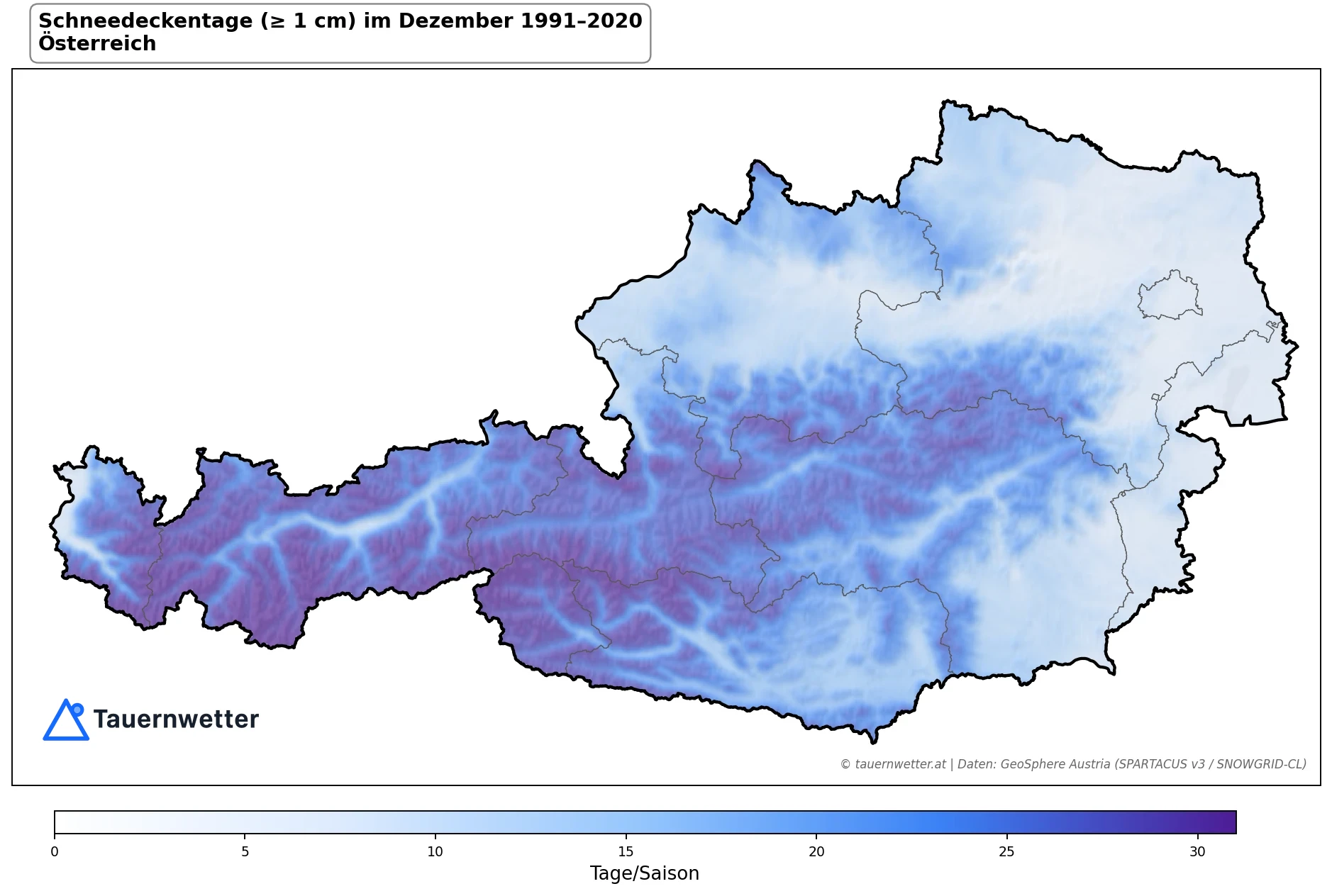 Klimakarte Tage mit Schneedecke (≥ 1 cm), Dezember 1991–2020 in Österreich