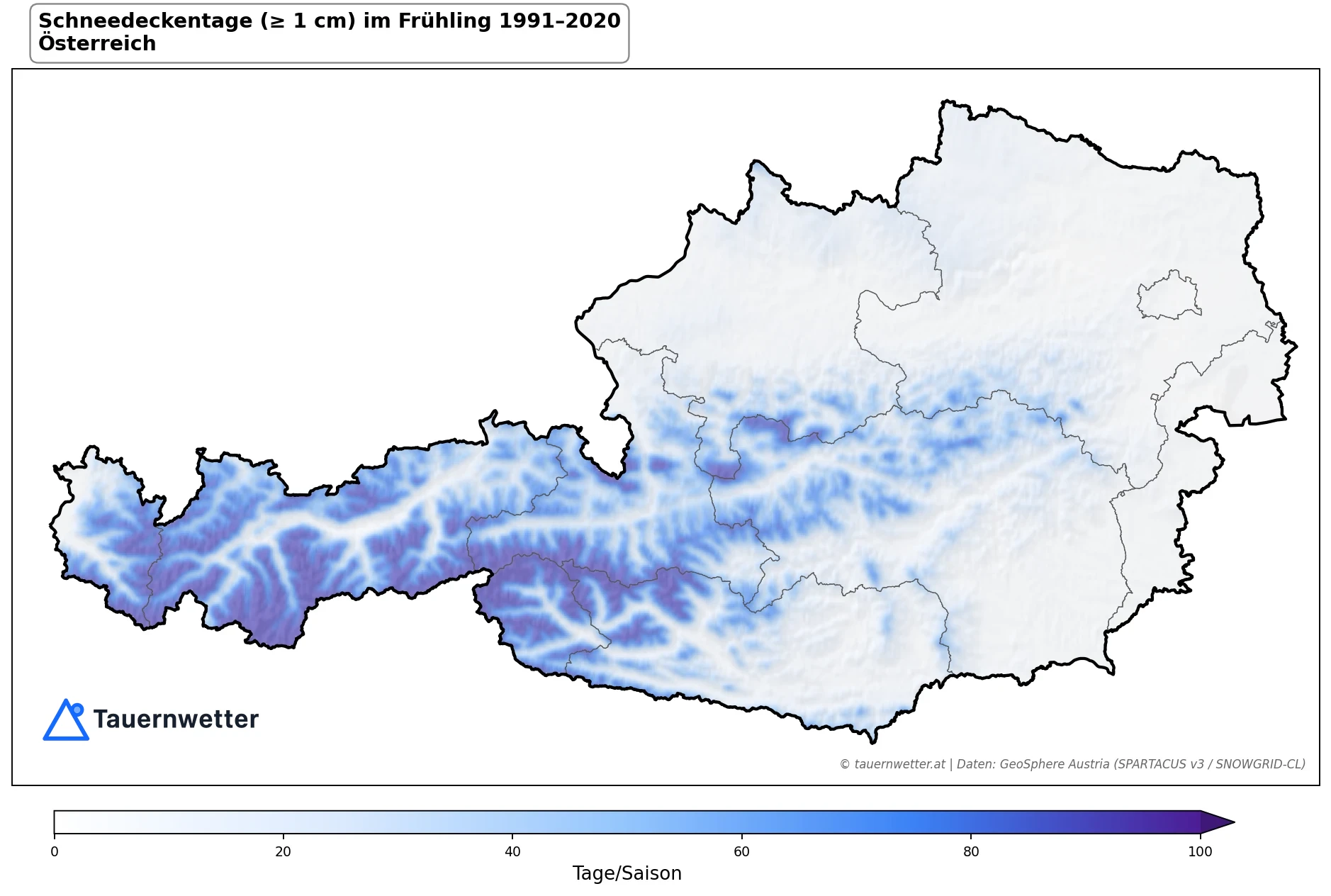 Klimakarte Tage mit Schneedecke (≥ 1 cm), Frühling (MAM) 1991–2020 in Österreich