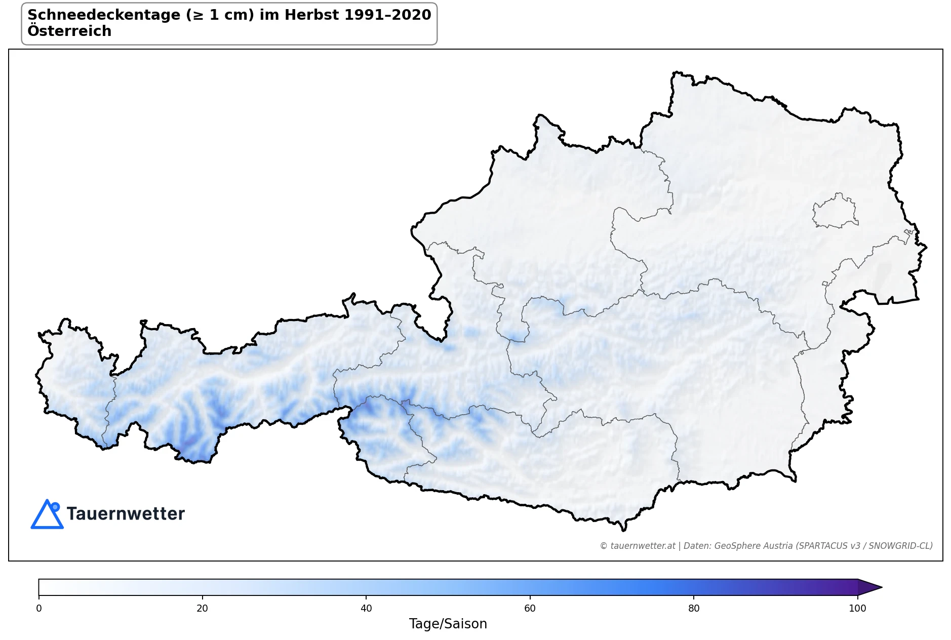 Klimakarte Tage mit Schneedecke (≥ 1 cm), Herbst (SON) 1991–2020 in Österreich