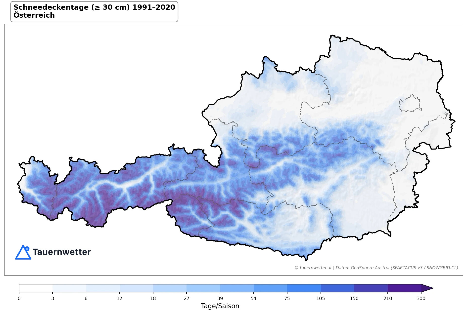 Klimakarte Schneedeckentage (≥ 30 cm), Jahr 1991–2020 in Österreich