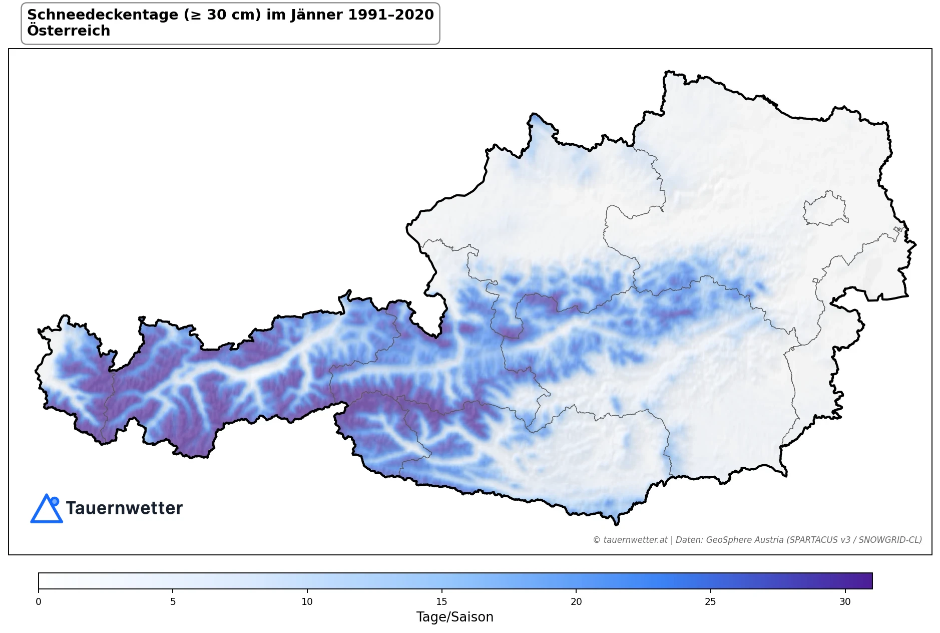 Klimakarte Schneedeckentage (≥ 30 cm), Jänner 1991–2020 in Österreich