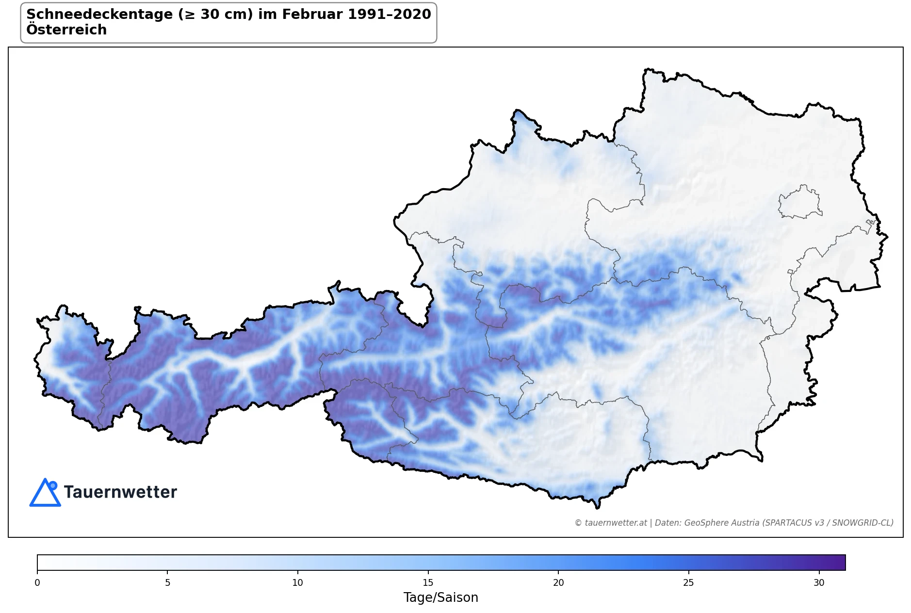 Klimakarte Schneedeckentage (≥ 30 cm), Februar 1991–2020 in Österreich
