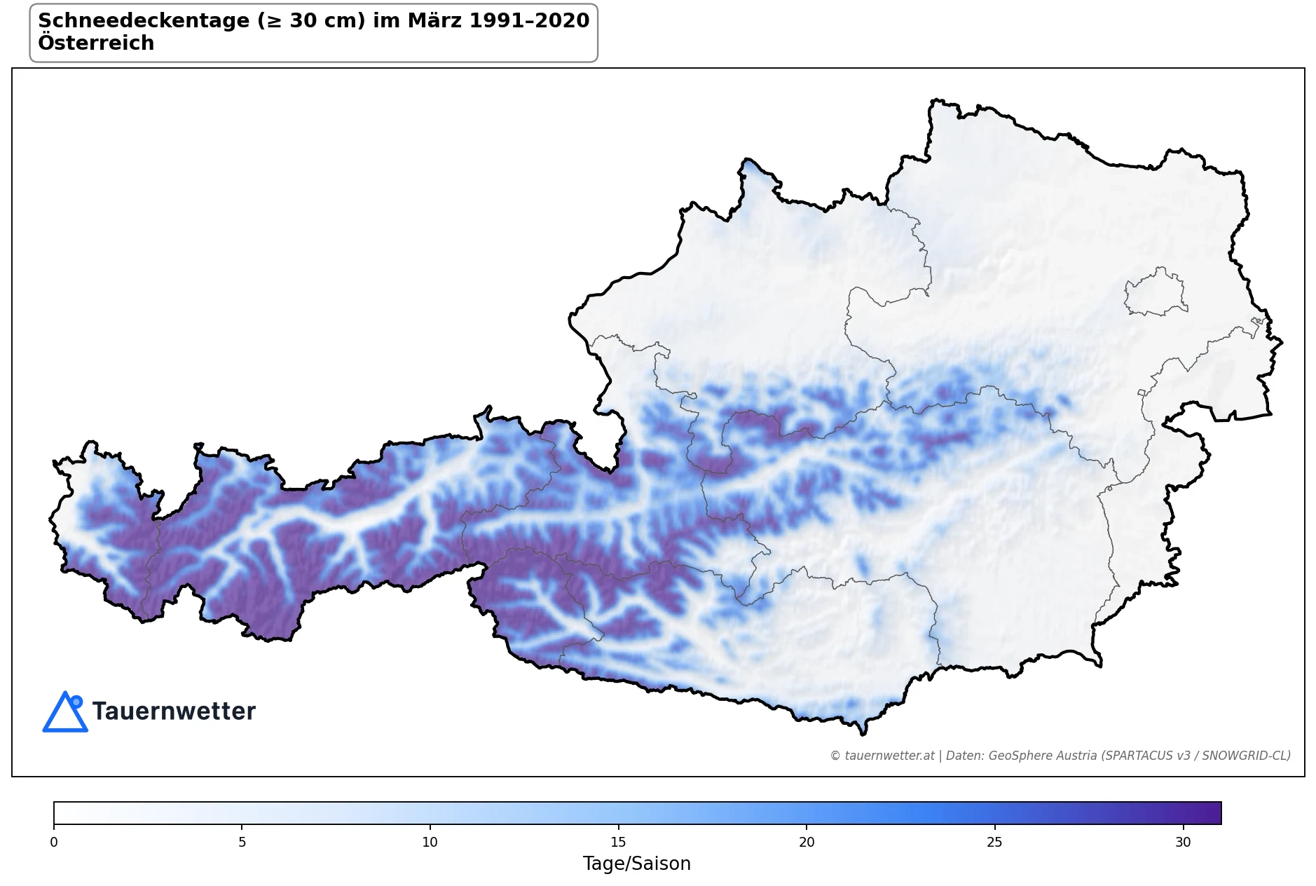 Klimakarte Schneedeckentage (≥ 30 cm), März 1991–2020 in Österreich