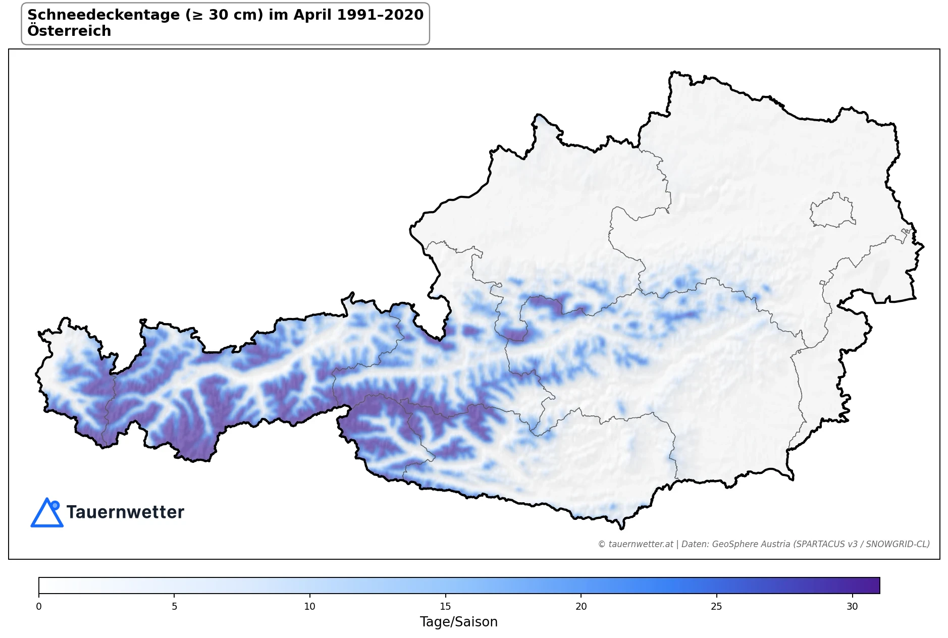 Klimakarte Schneedeckentage (≥ 30 cm), April 1991–2020 in Österreich