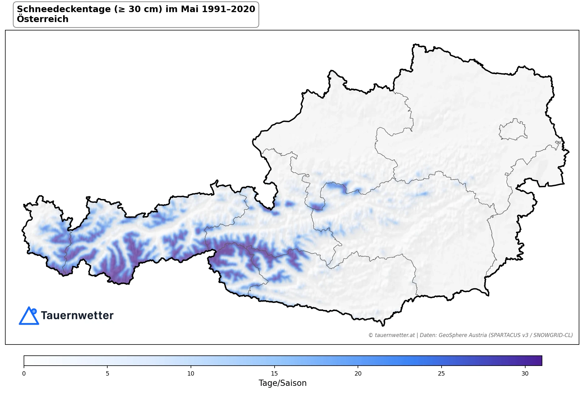 Klimakarte Schneedeckentage (≥ 30 cm), Mai 1991–2020 in Österreich
