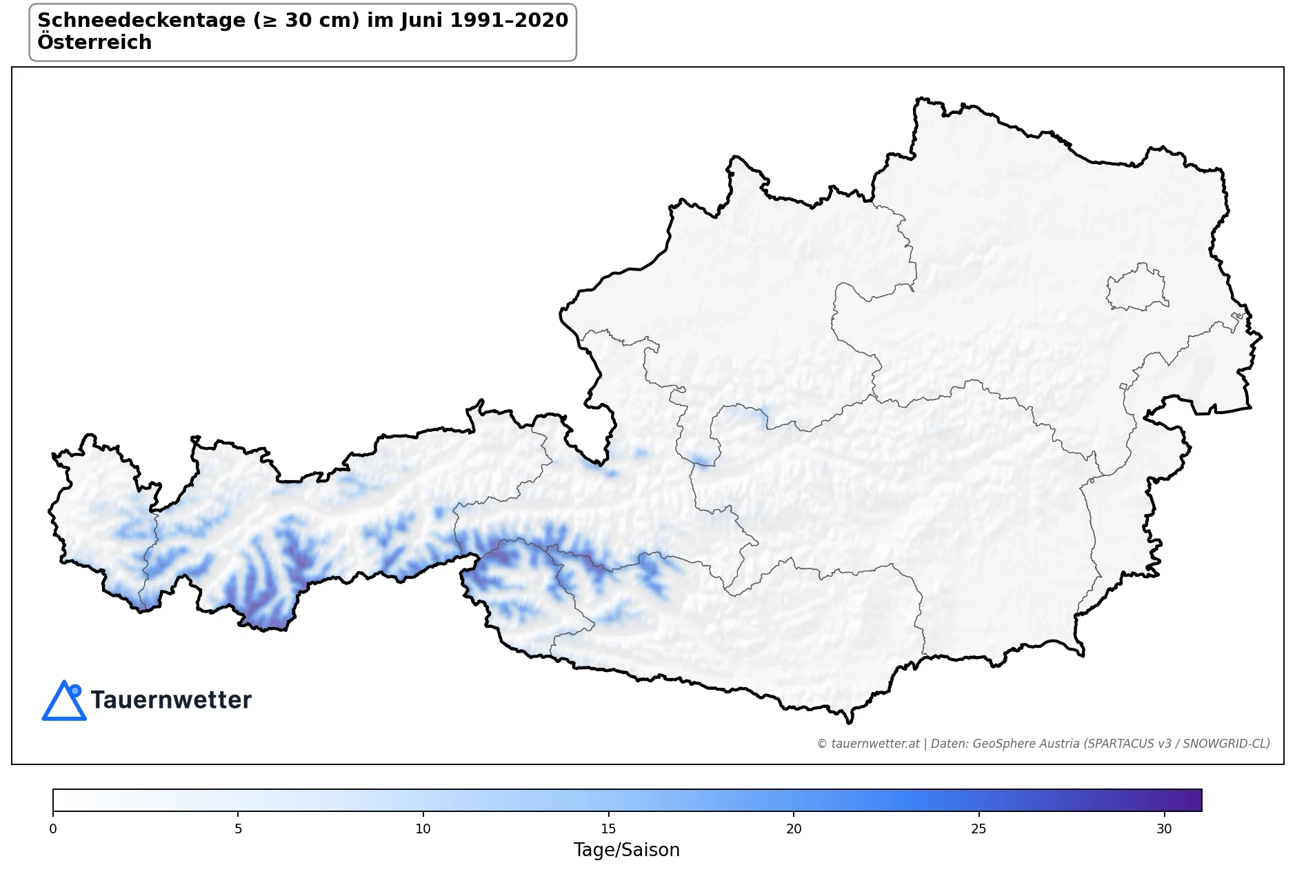 Klimakarte Schneedeckentage (≥ 30 cm), Juni 1991–2020 in Österreich