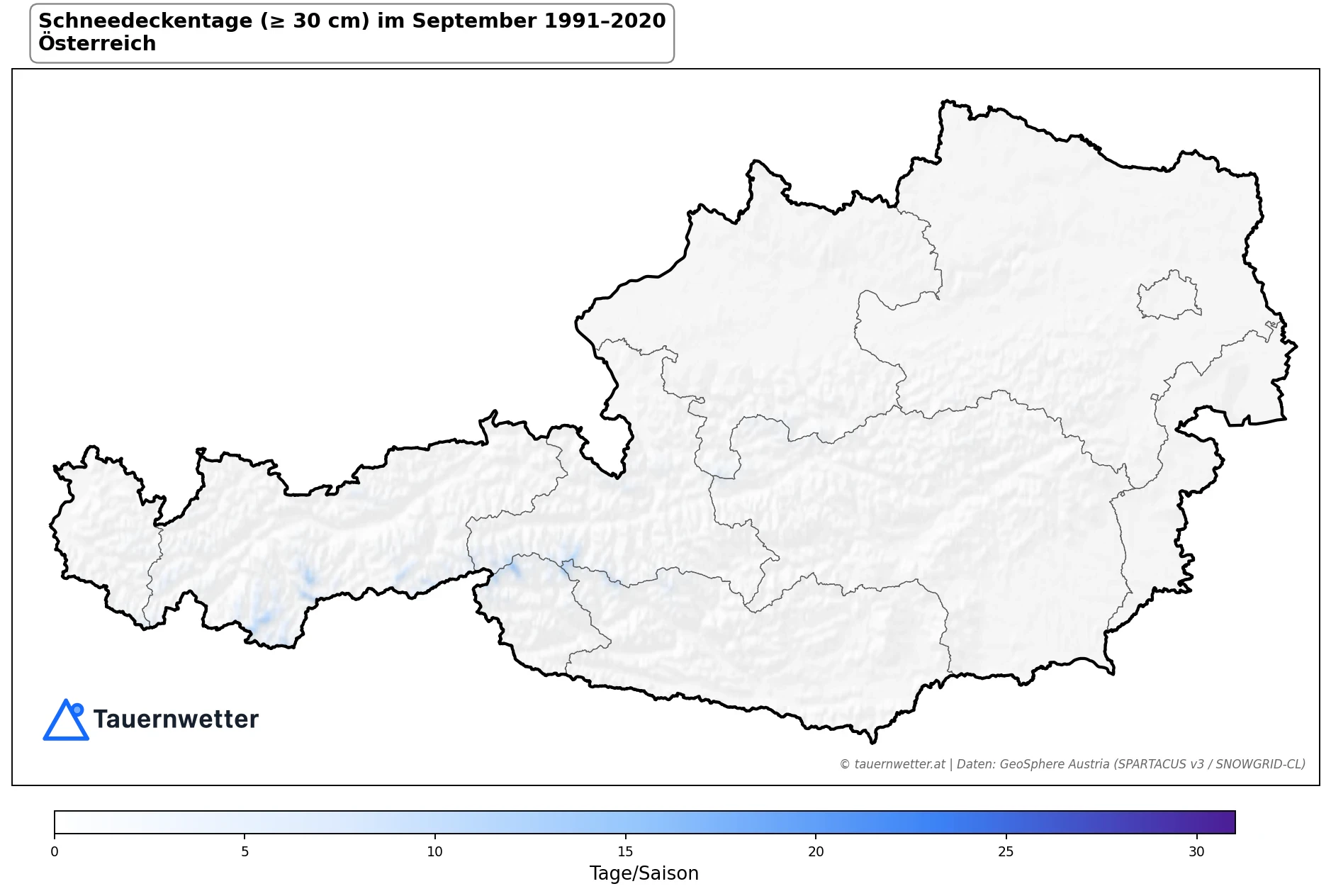 Klimakarte Schneedeckentage (≥ 30 cm), September 1991–2020 in Österreich