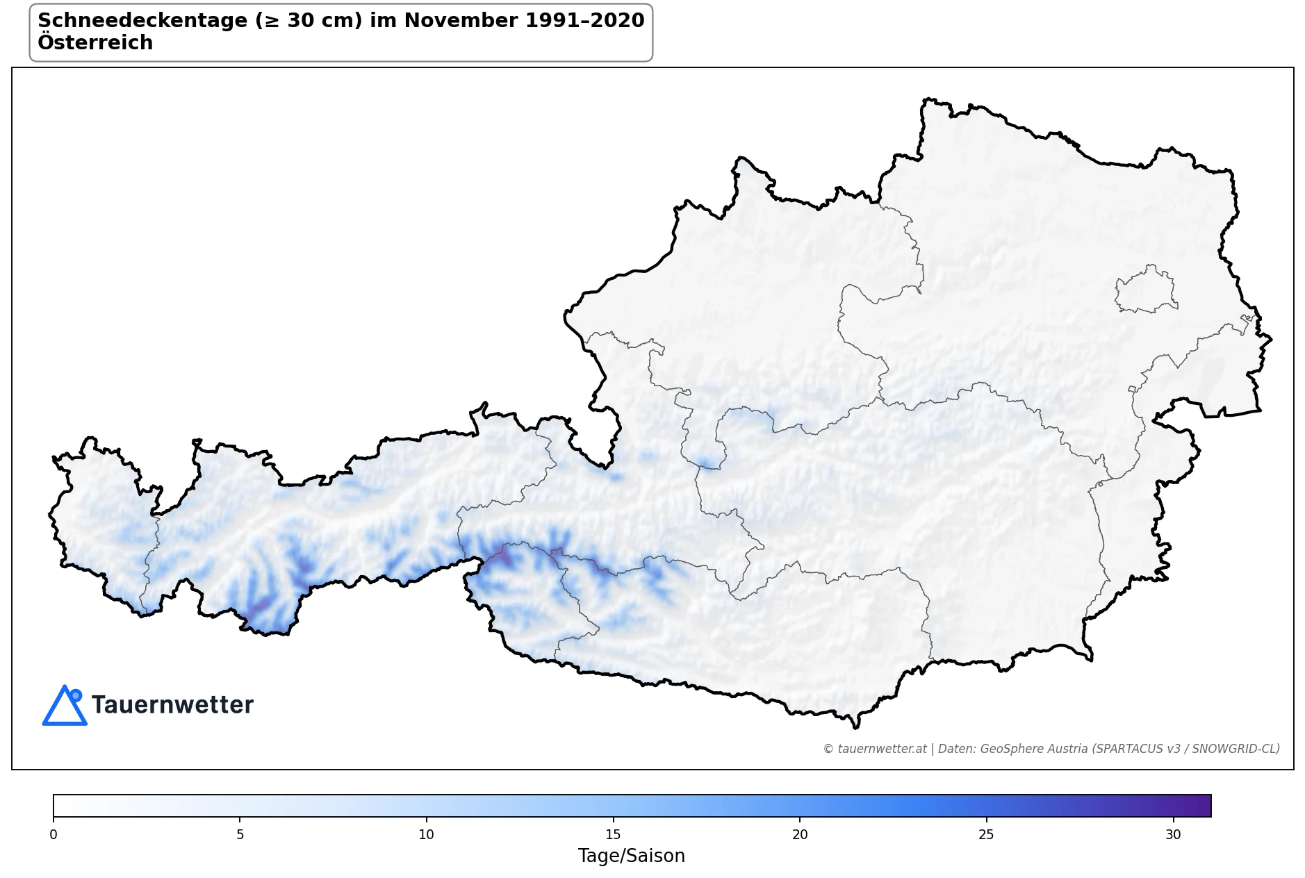 Klimakarte Schneedeckentage (≥ 30 cm), November 1991–2020 in Österreich