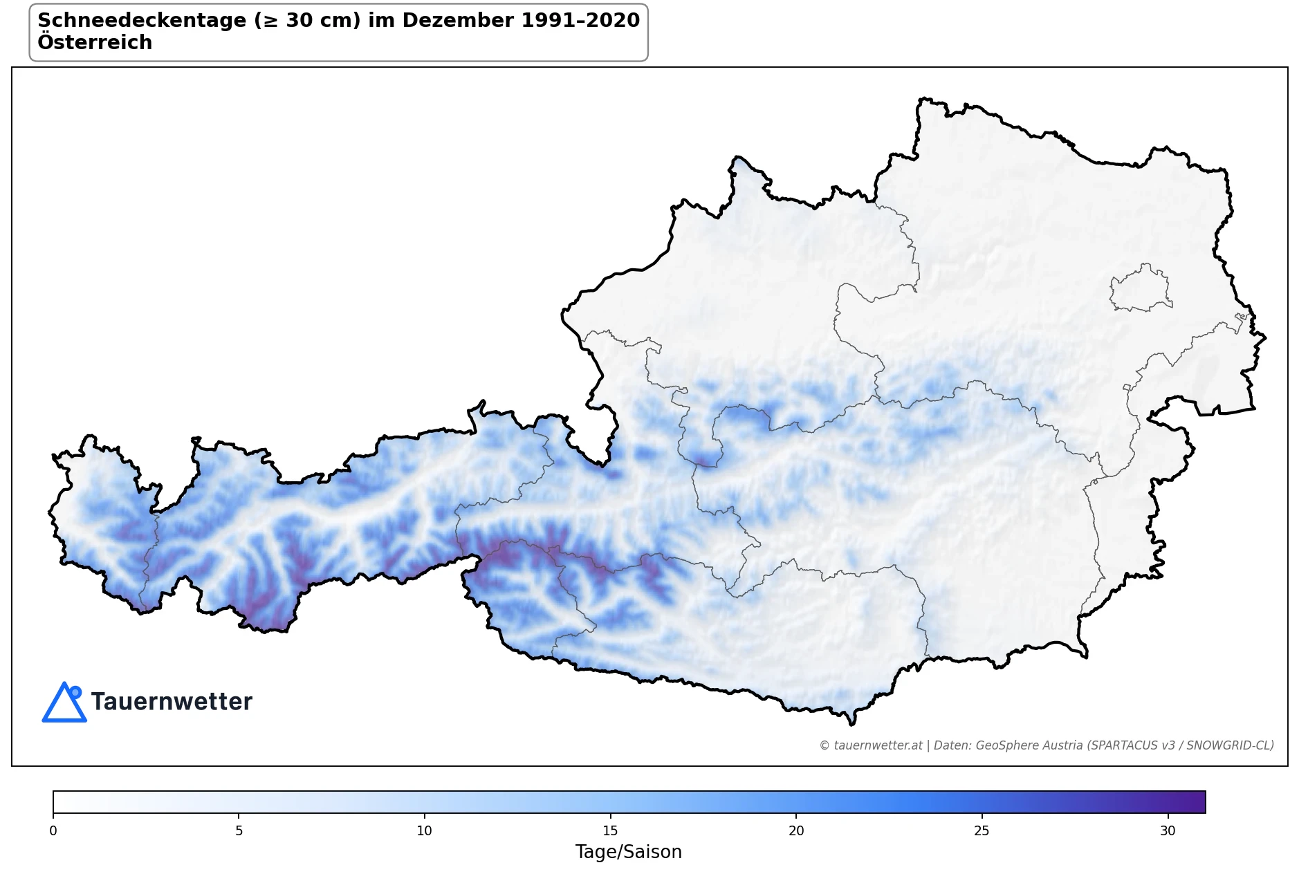 Klimakarte Schneedeckentage (≥ 30 cm), Dezember 1991–2020 in Österreich