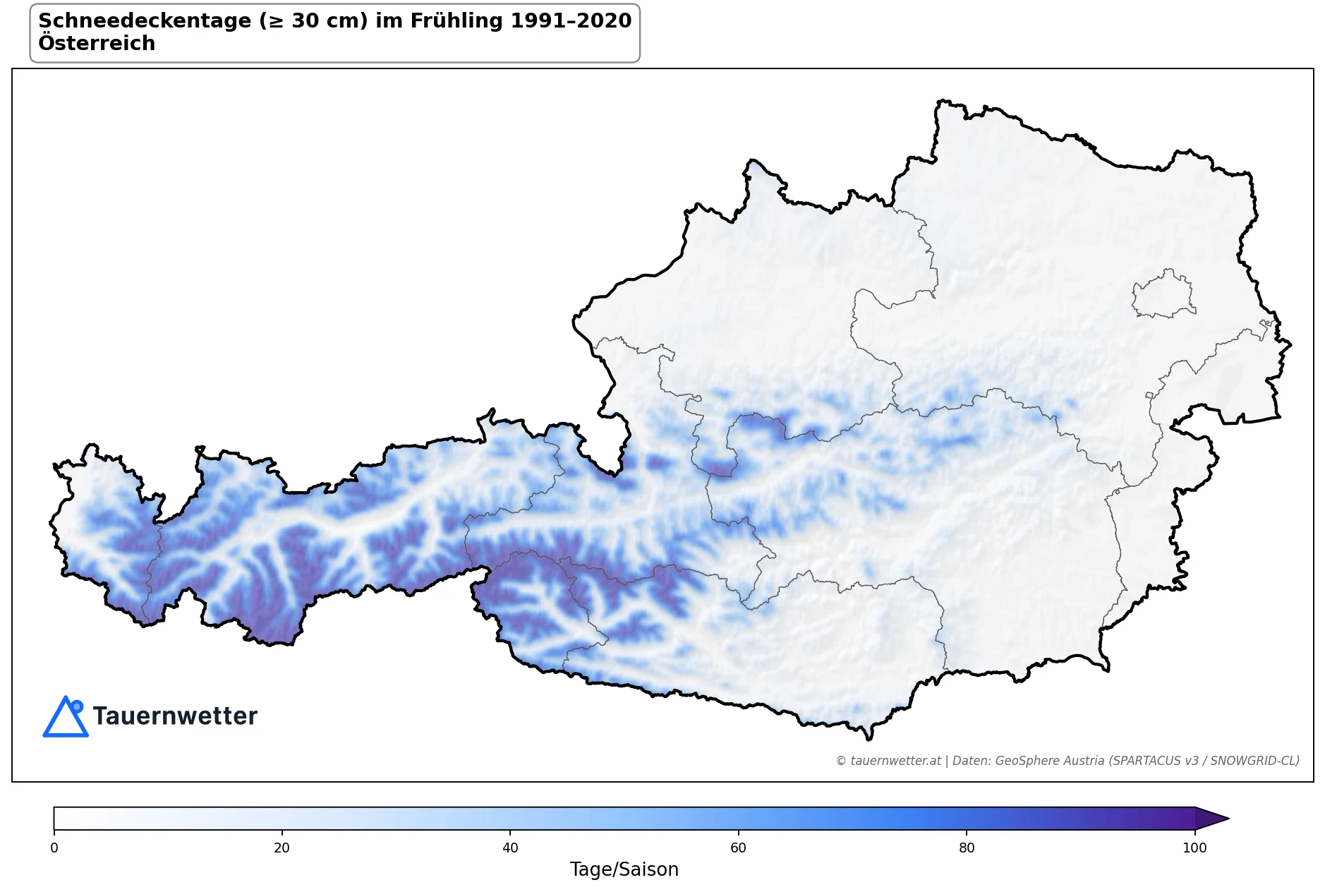 Klimakarte Schneedeckentage (≥ 30 cm), Frühling (MAM) 1991–2020 in Österreich
