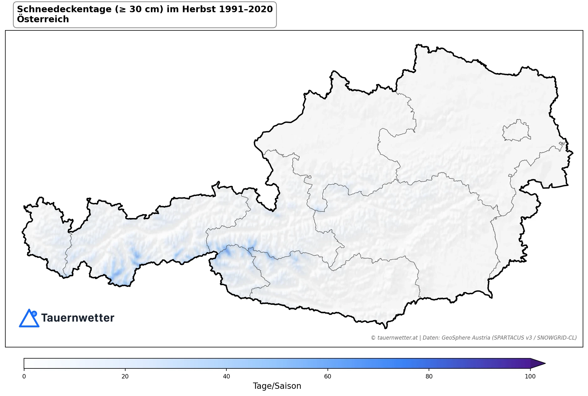 Klimakarte Schneedeckentage (≥ 30 cm), Herbst (SON) 1991–2020 in Österreich