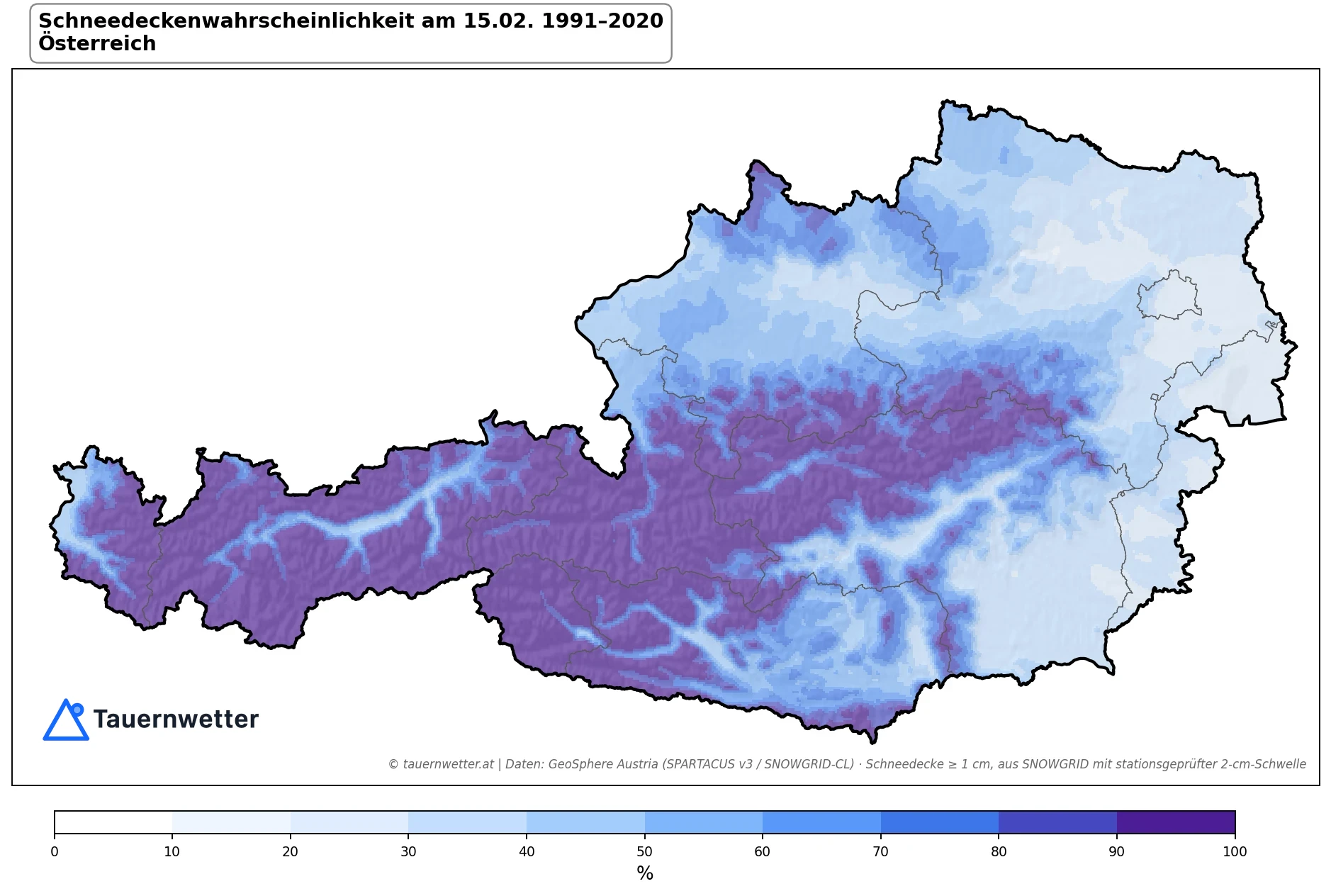 Klimakarte Schneedeckenwahrscheinlichkeit am 15.02., Jahr 1991–2020 in Österreich