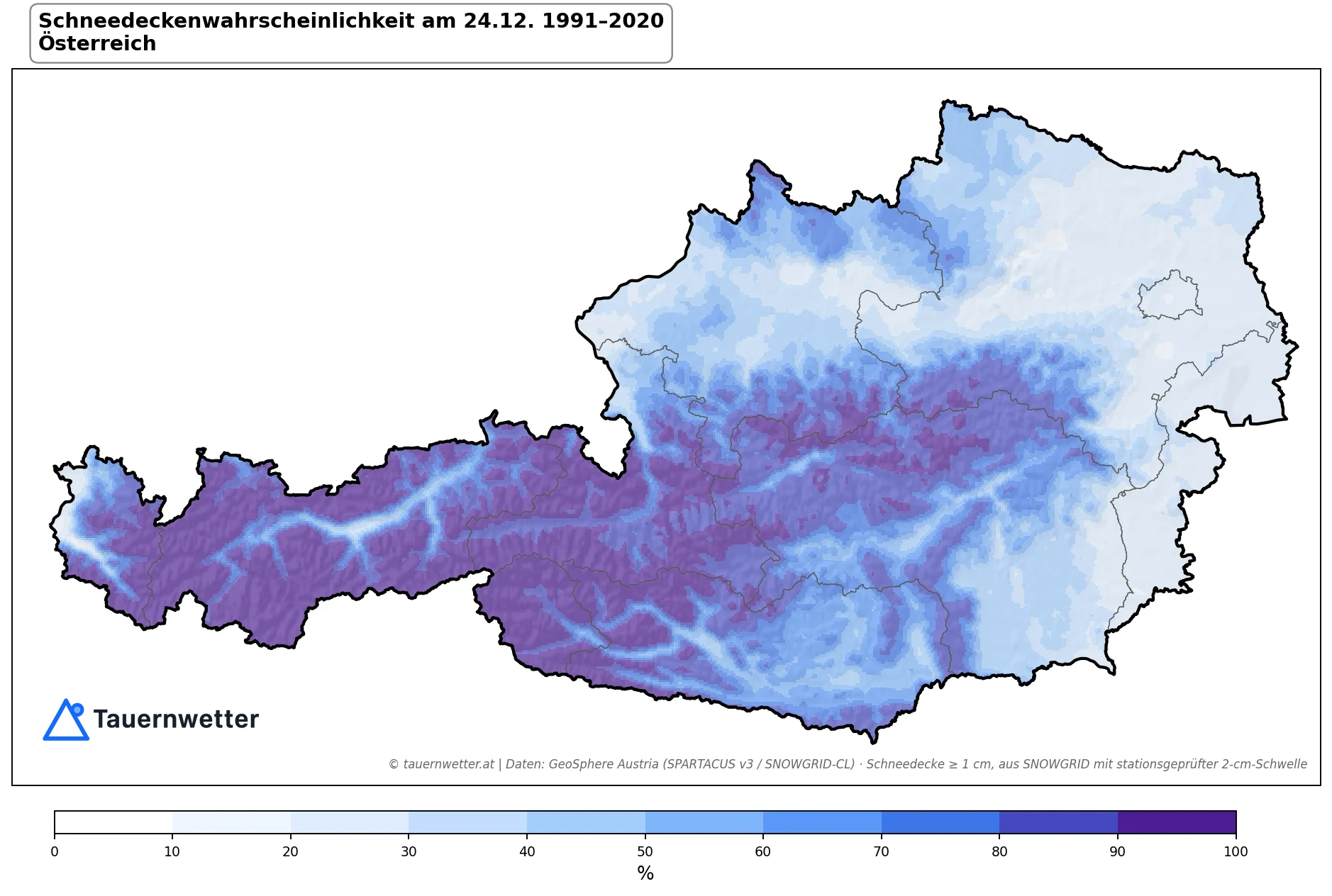 Klimakarte Schneedeckenwahrscheinlichkeit am 24.12., Jahr 1991–2020 in Österreich