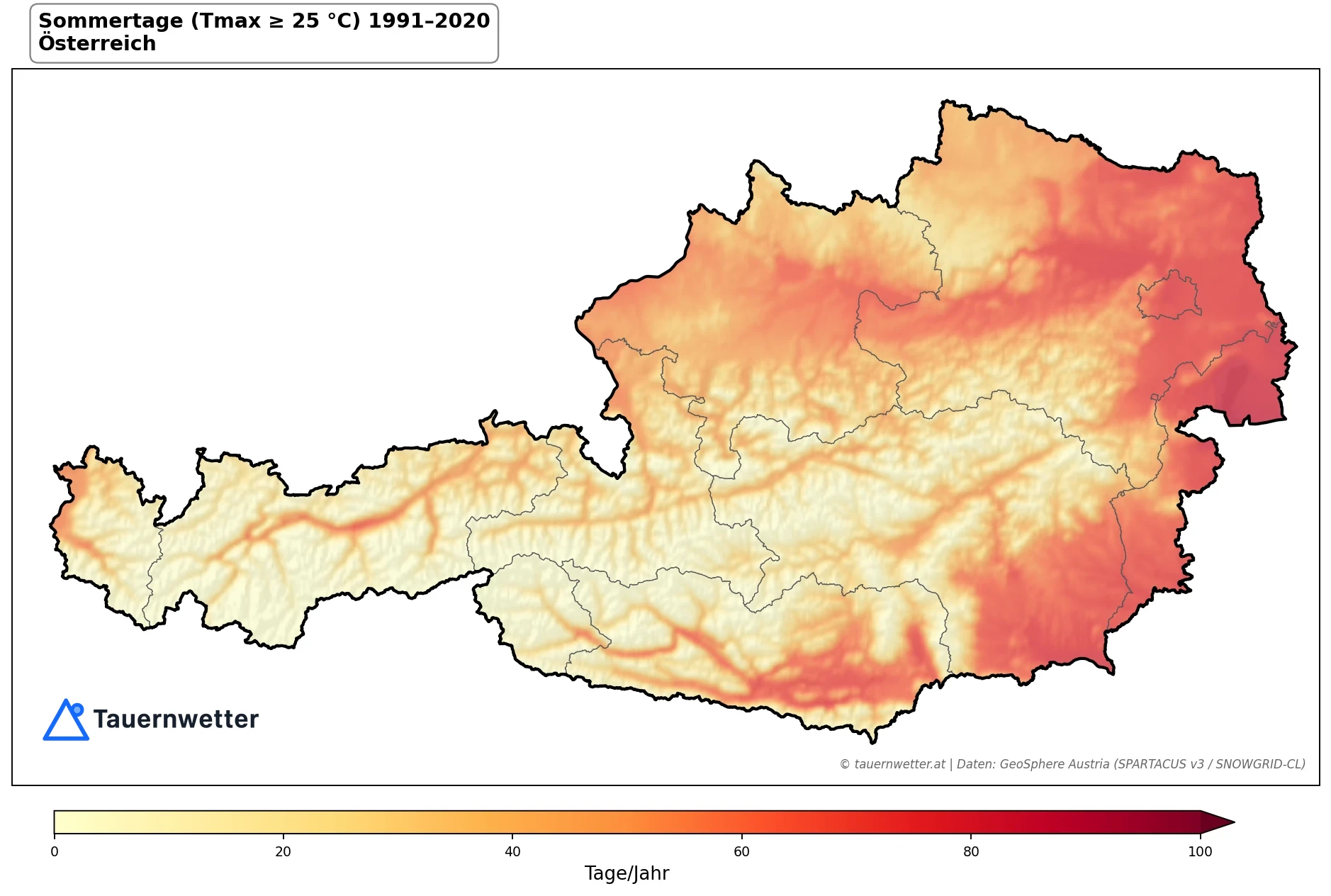 Klimakarte Sommertage (Tmax ≥ 25 °C), Jahr 1991–2020 in Österreich