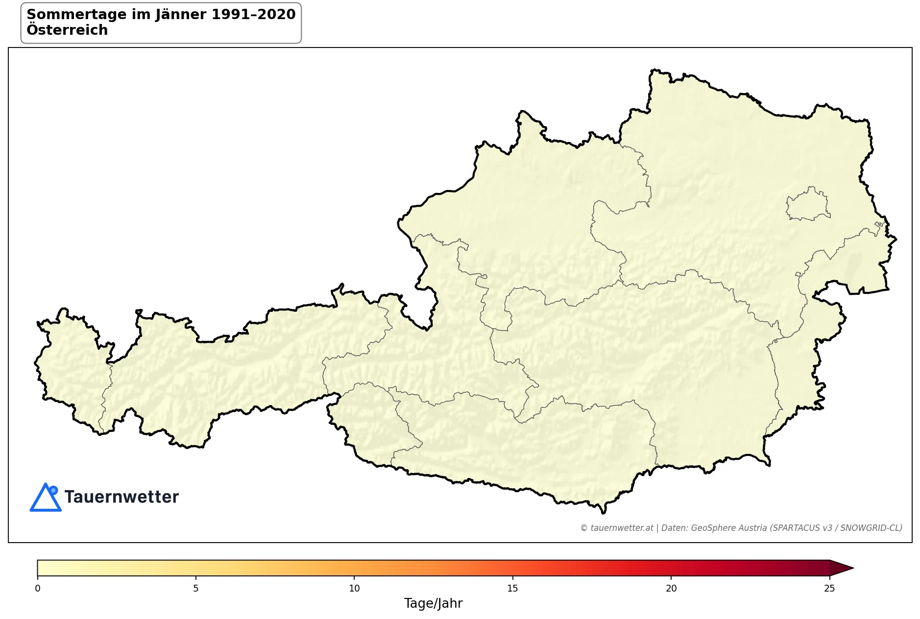 Klimakarte Sommertage (Tmax ≥ 25 °C), Jänner 1991–2020 in Österreich