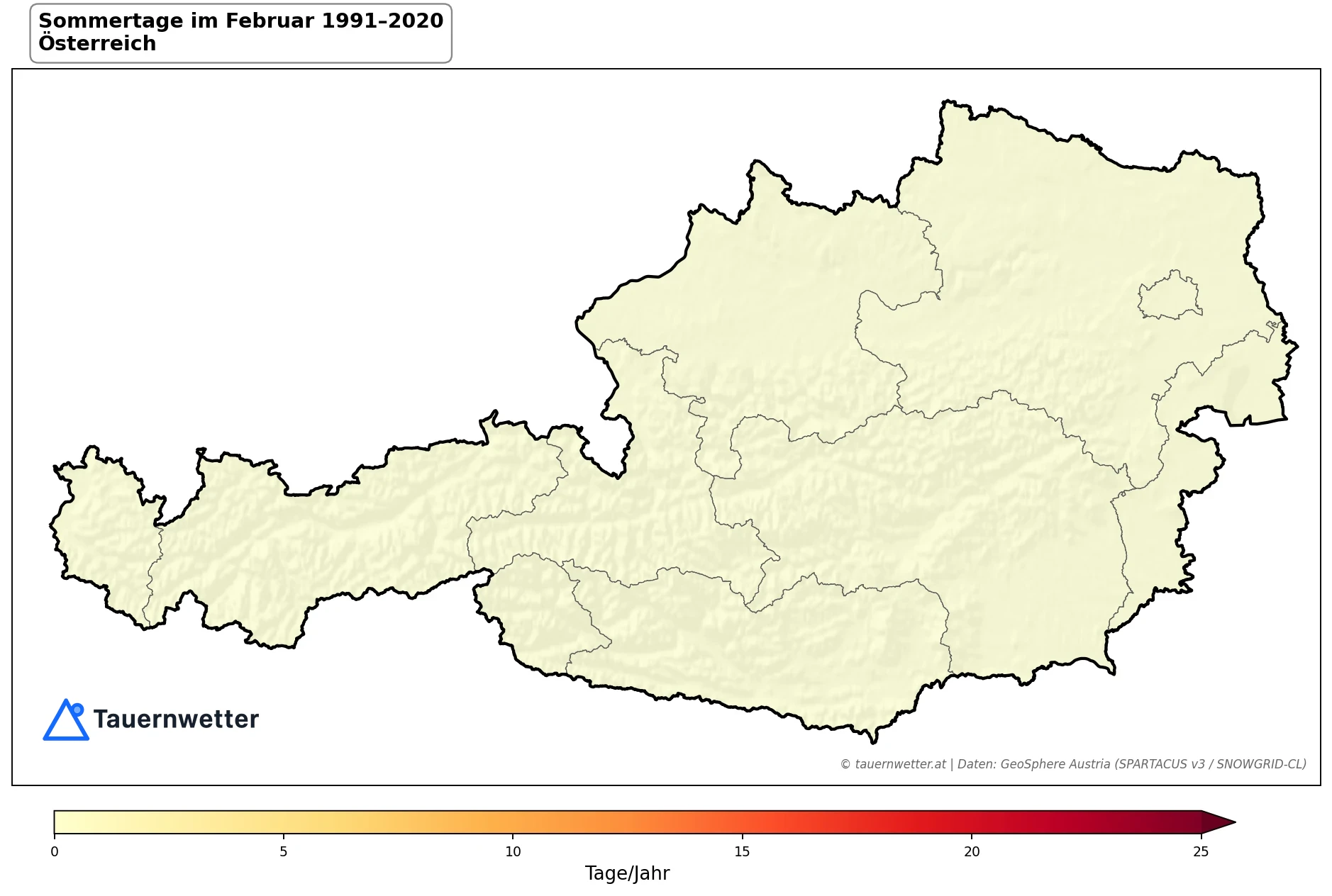 Klimakarte Sommertage (Tmax ≥ 25 °C), Februar 1991–2020 in Österreich