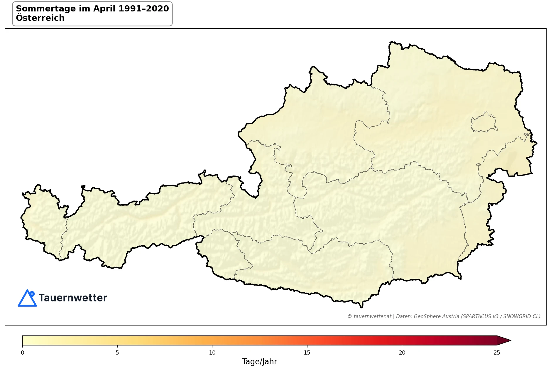 Klimakarte Sommertage (Tmax ≥ 25 °C), April 1991–2020 in Österreich