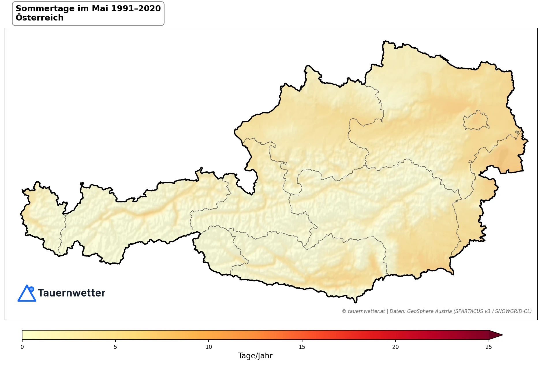 Klimakarte Sommertage (Tmax ≥ 25 °C), Mai 1991–2020 in Österreich