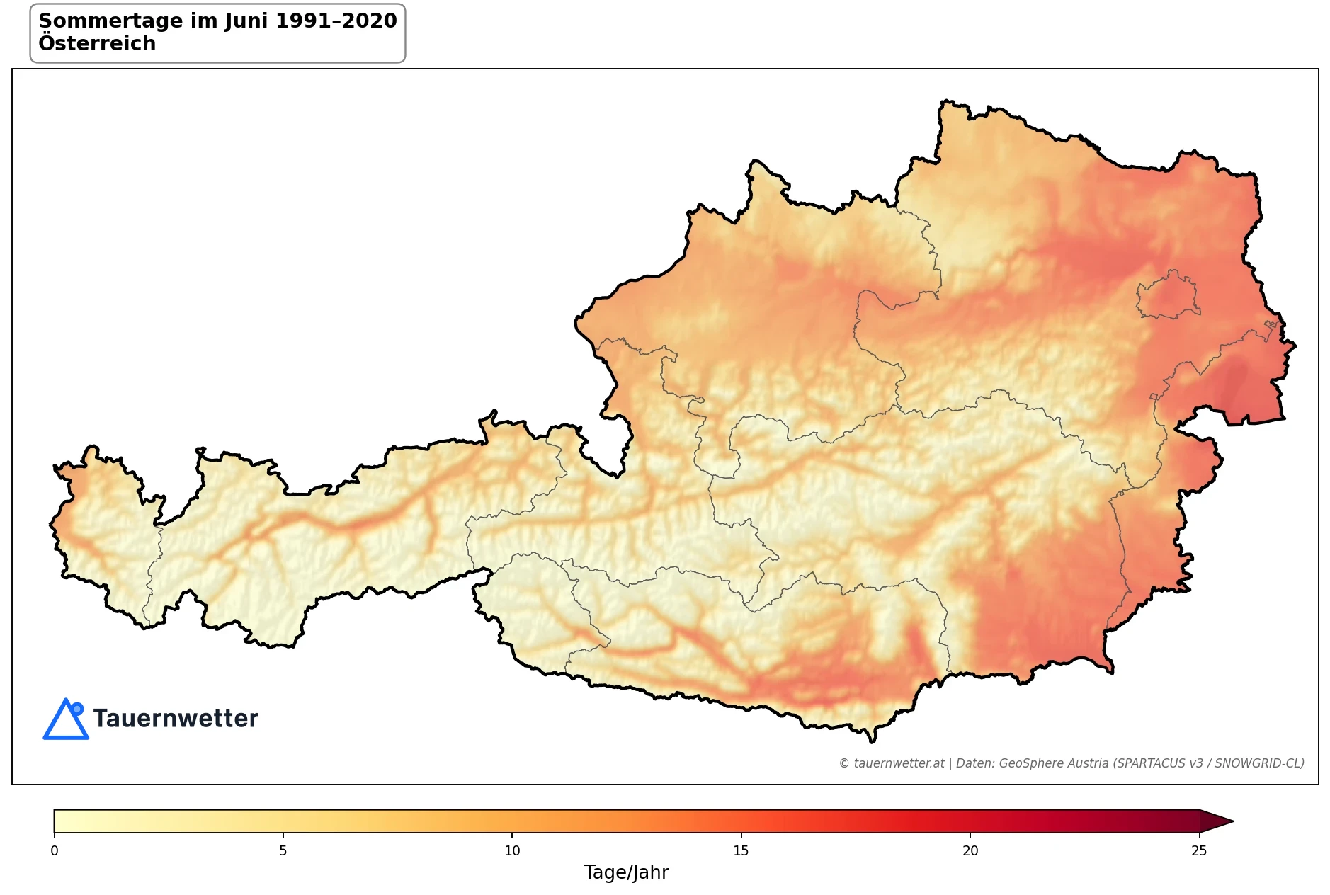 Klimakarte Sommertage (Tmax ≥ 25 °C), Juni 1991–2020 in Österreich