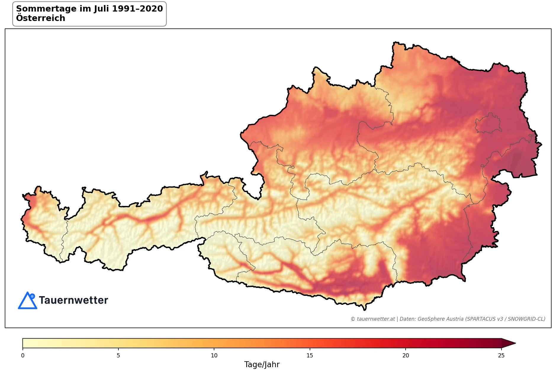 Klimakarte Sommertage (Tmax ≥ 25 °C), Juli 1991–2020 in Österreich