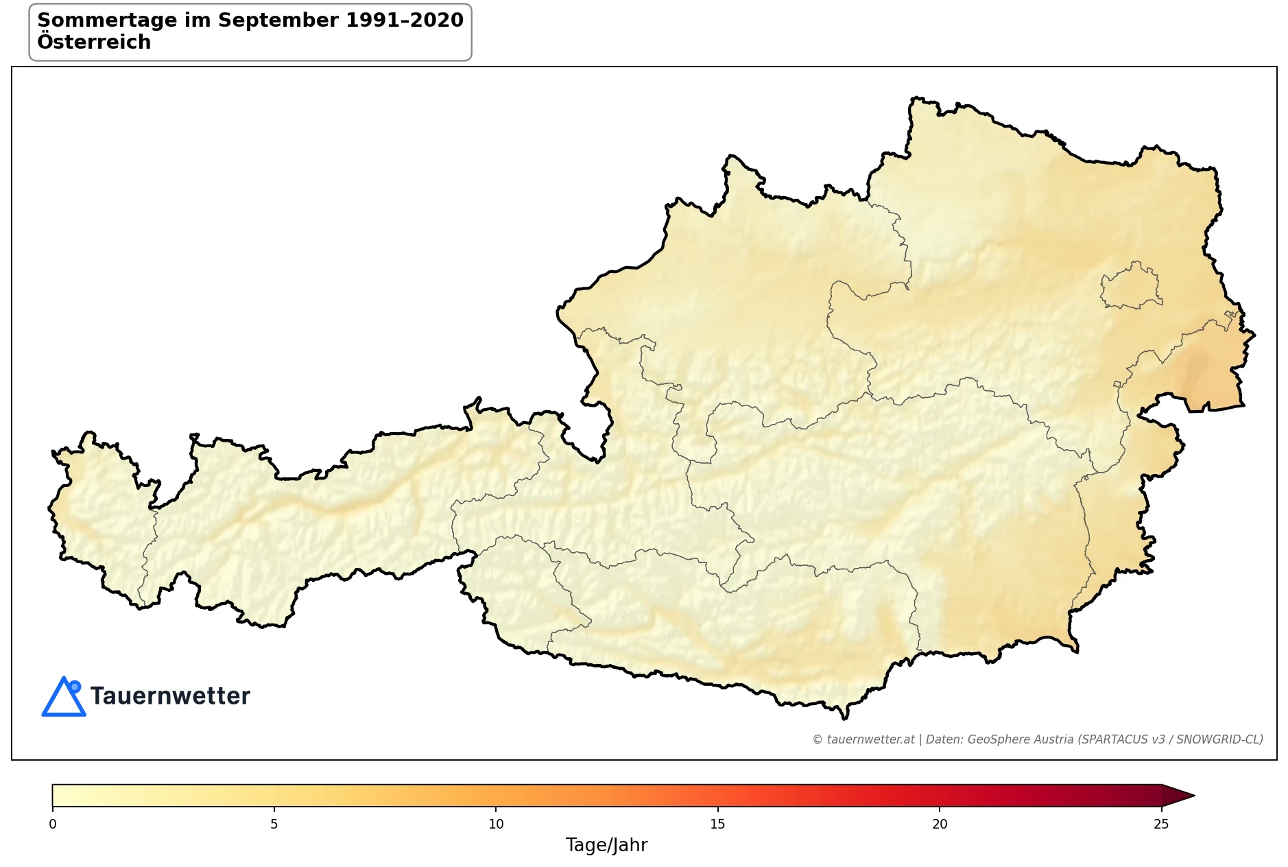 Klimakarte Sommertage (Tmax ≥ 25 °C), September 1991–2020 in Österreich