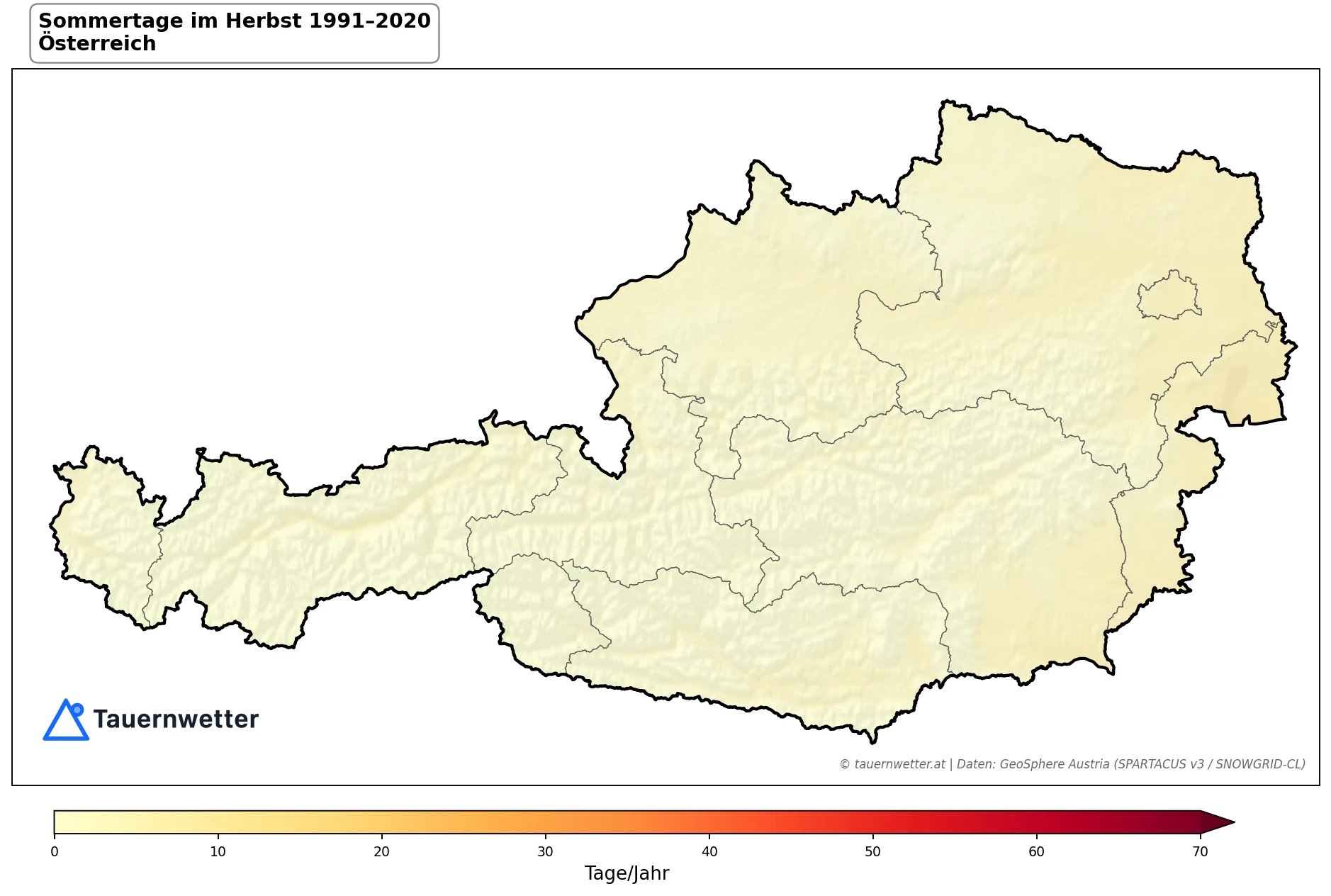 Klimakarte Sommertage (Tmax ≥ 25 °C), Herbst (SON) 1991–2020 in Österreich