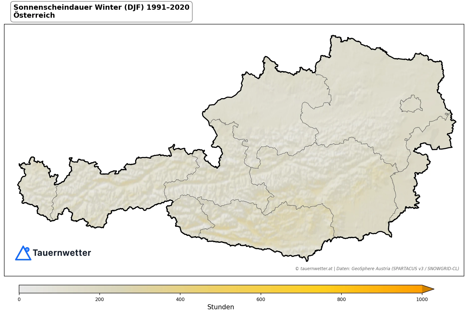 Klimakarte Sonnenscheindauer, Winter (DJF) 1991–2020 in Österreich