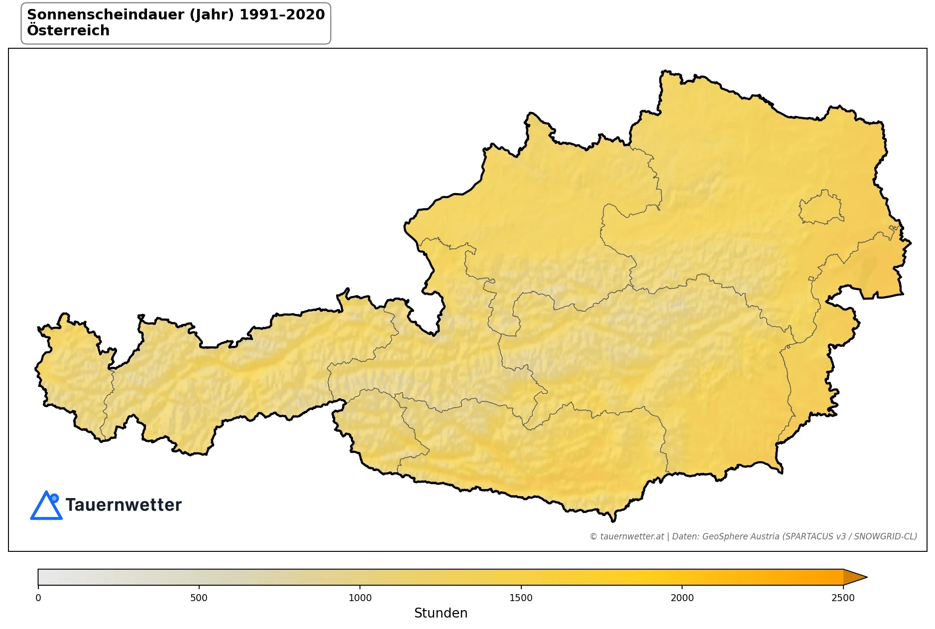 Klimakarte Sonnenscheindauer, Jahr 1991–2020 in Österreich