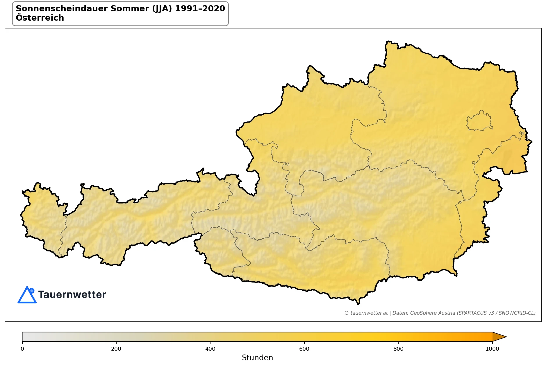 Klimakarte Sonnenscheindauer, Sommer (JJA) 1991–2020 in Österreich