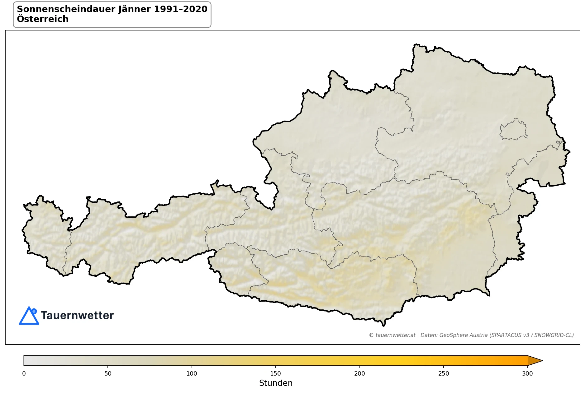 Klimakarte Sonnenscheindauer, Jänner 1991–2020 in Österreich