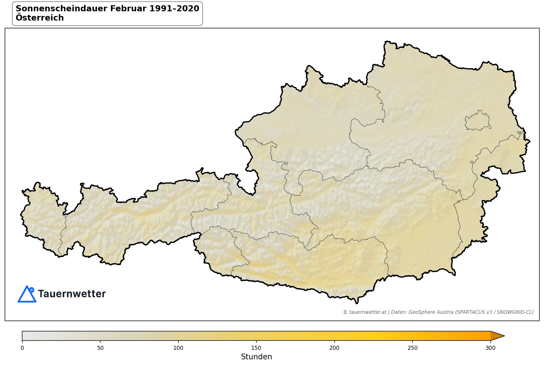 Klimakarte Sonnenscheindauer, Februar 1991–2020 in Österreich
