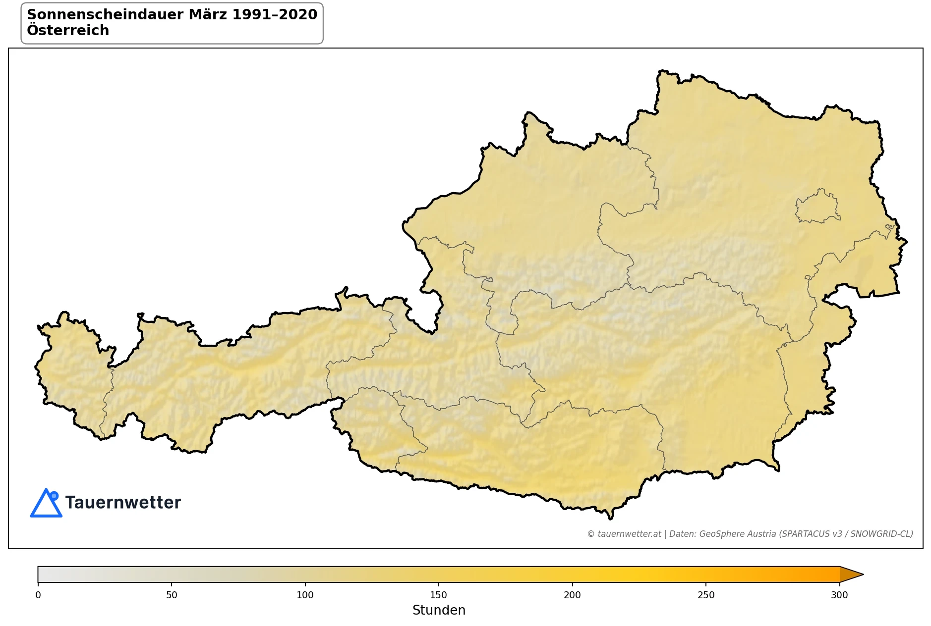 Klimakarte Sonnenscheindauer, März 1991–2020 in Österreich