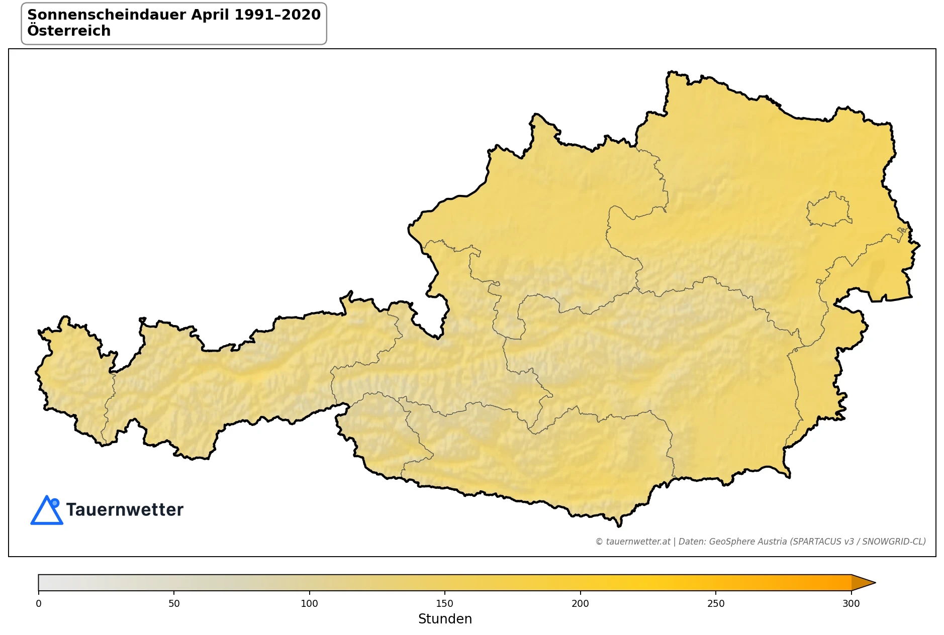 Klimakarte Sonnenscheindauer, April 1991–2020 in Österreich