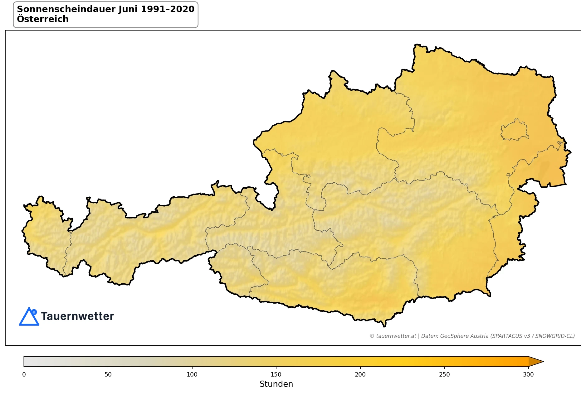 Klimakarte Sonnenscheindauer, Juni 1991–2020 in Österreich
