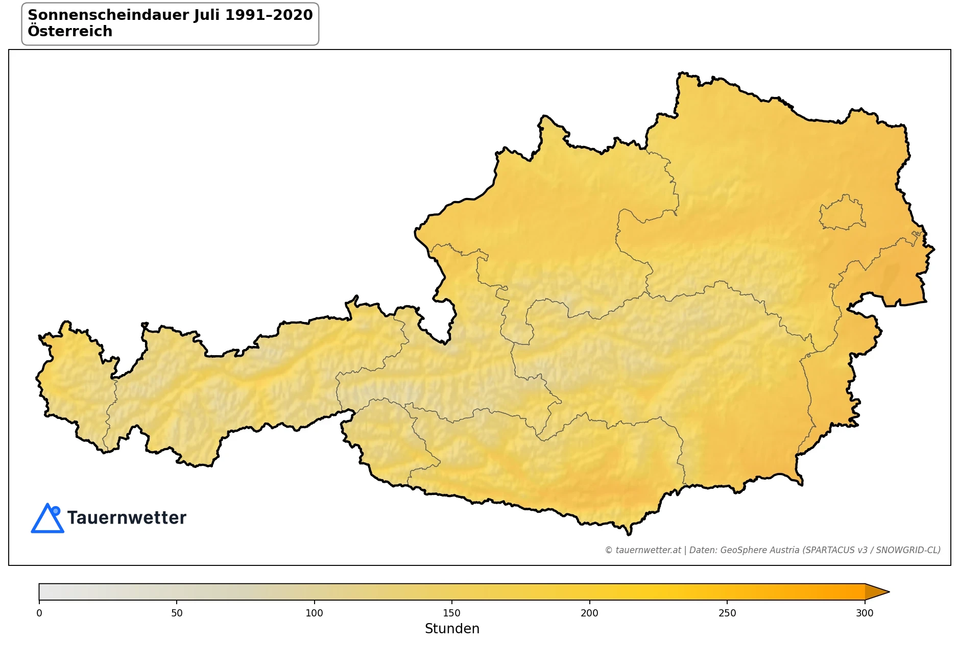 Klimakarte Sonnenscheindauer, Juli 1991–2020 in Österreich