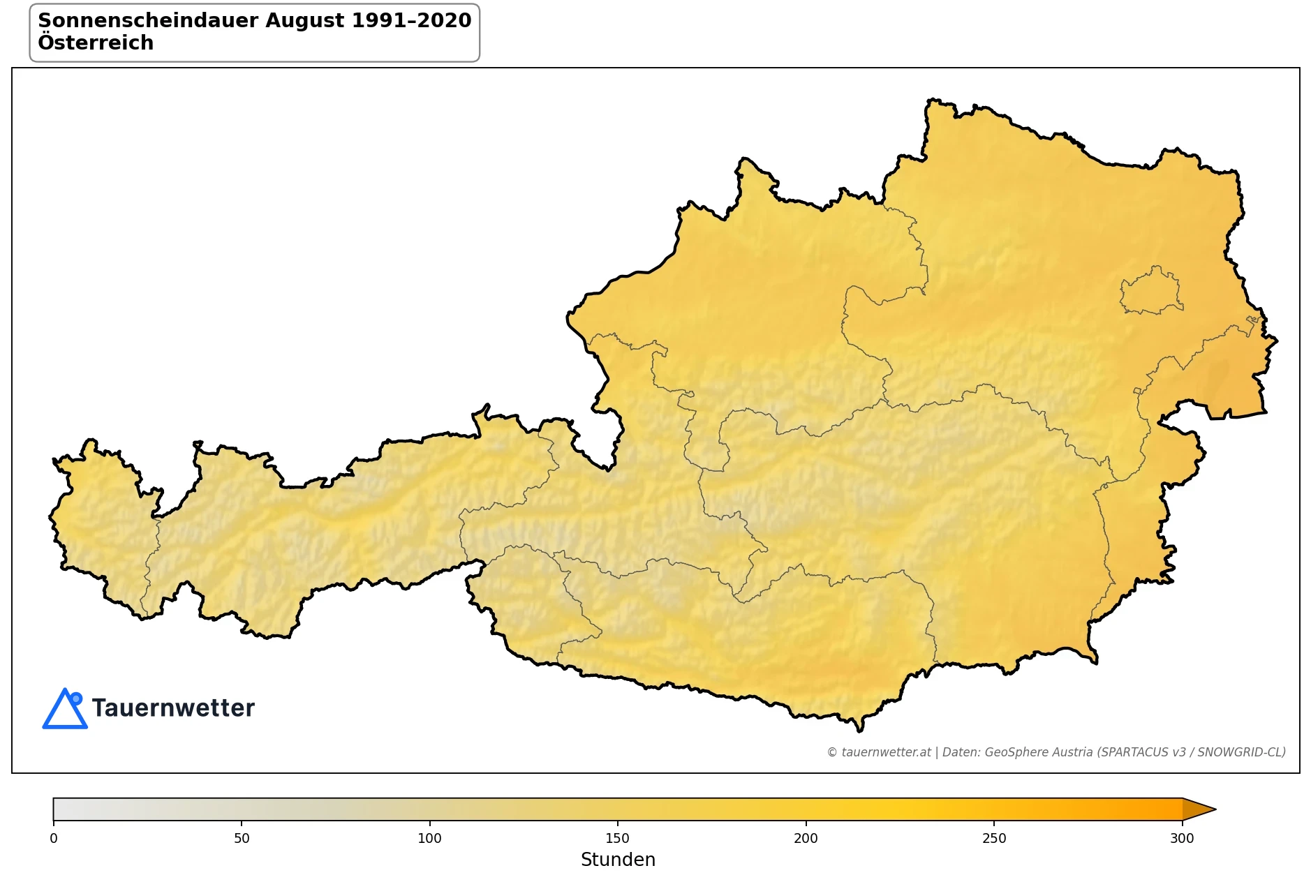 Klimakarte Sonnenscheindauer, August 1991–2020 in Österreich