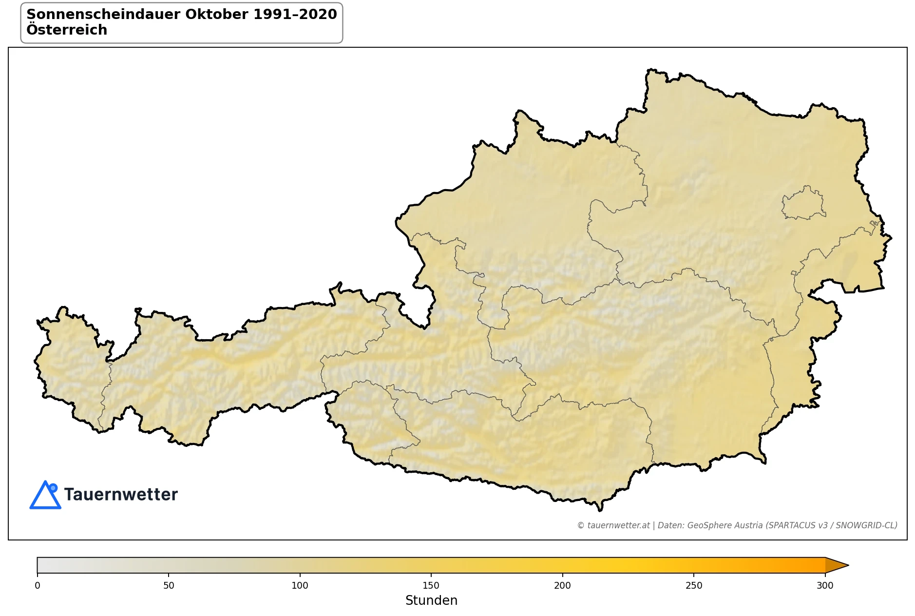 Klimakarte Sonnenscheindauer, Oktober 1991–2020 in Österreich