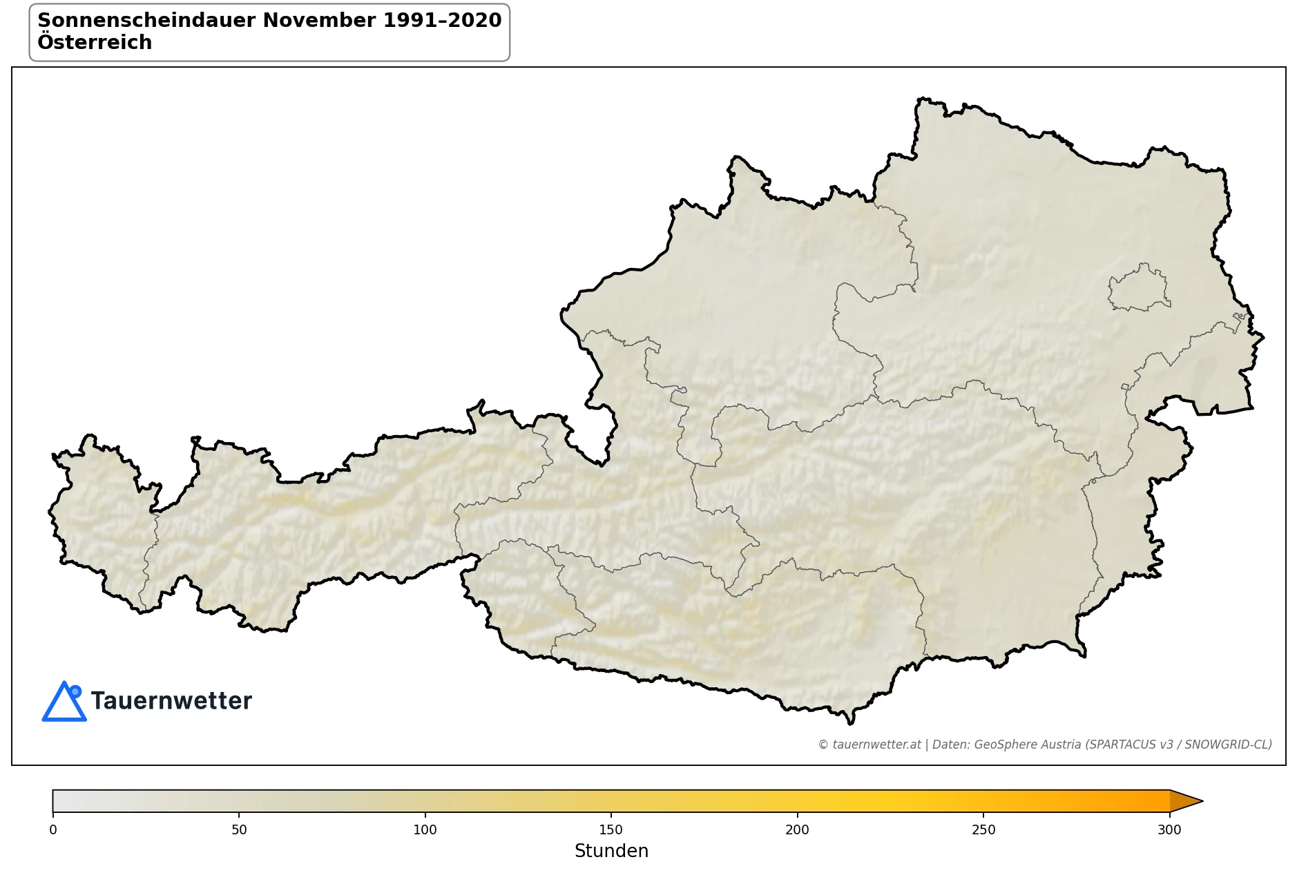 Klimakarte Sonnenscheindauer, November 1991–2020 in Österreich