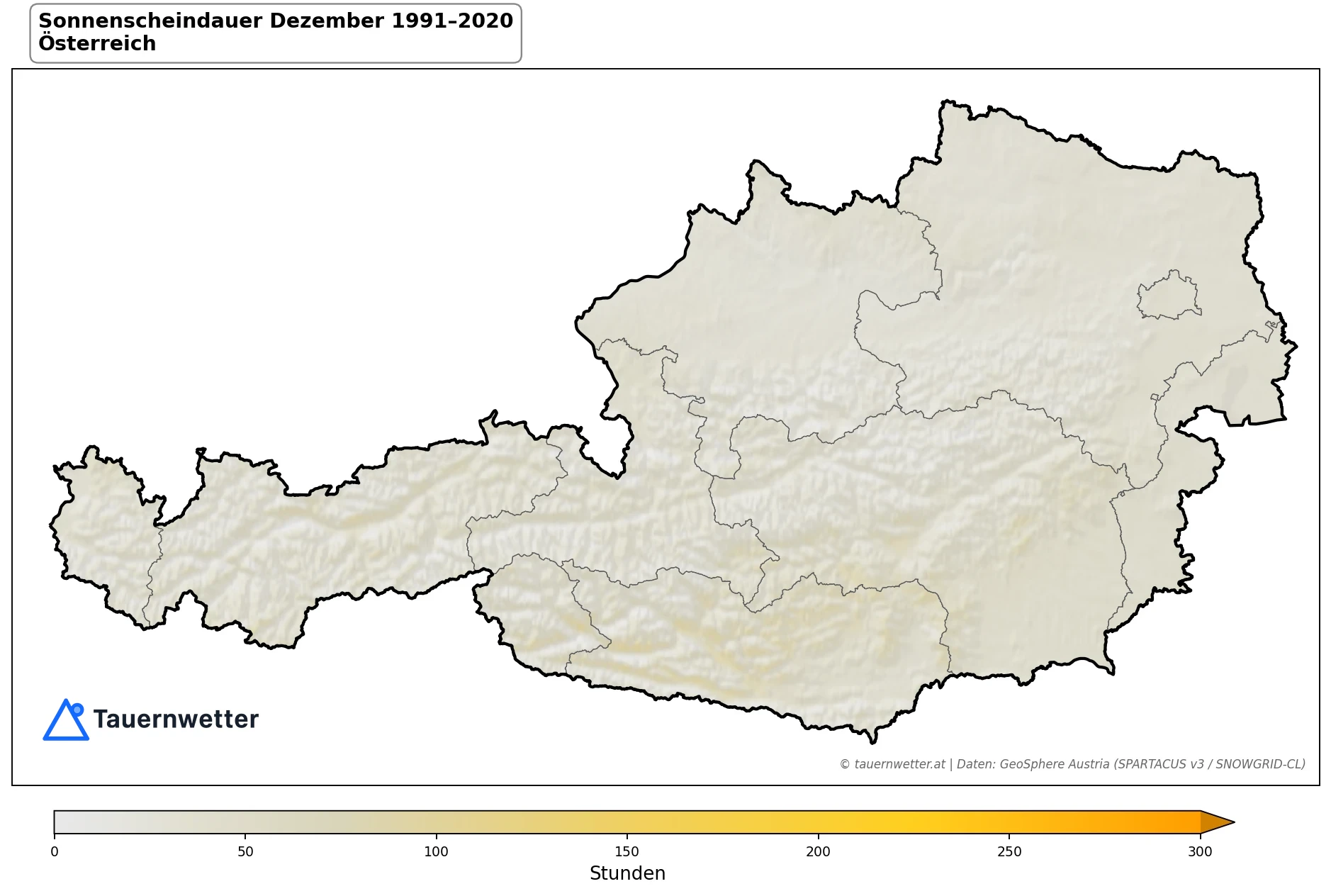 Klimakarte Sonnenscheindauer, Dezember 1991–2020 in Österreich