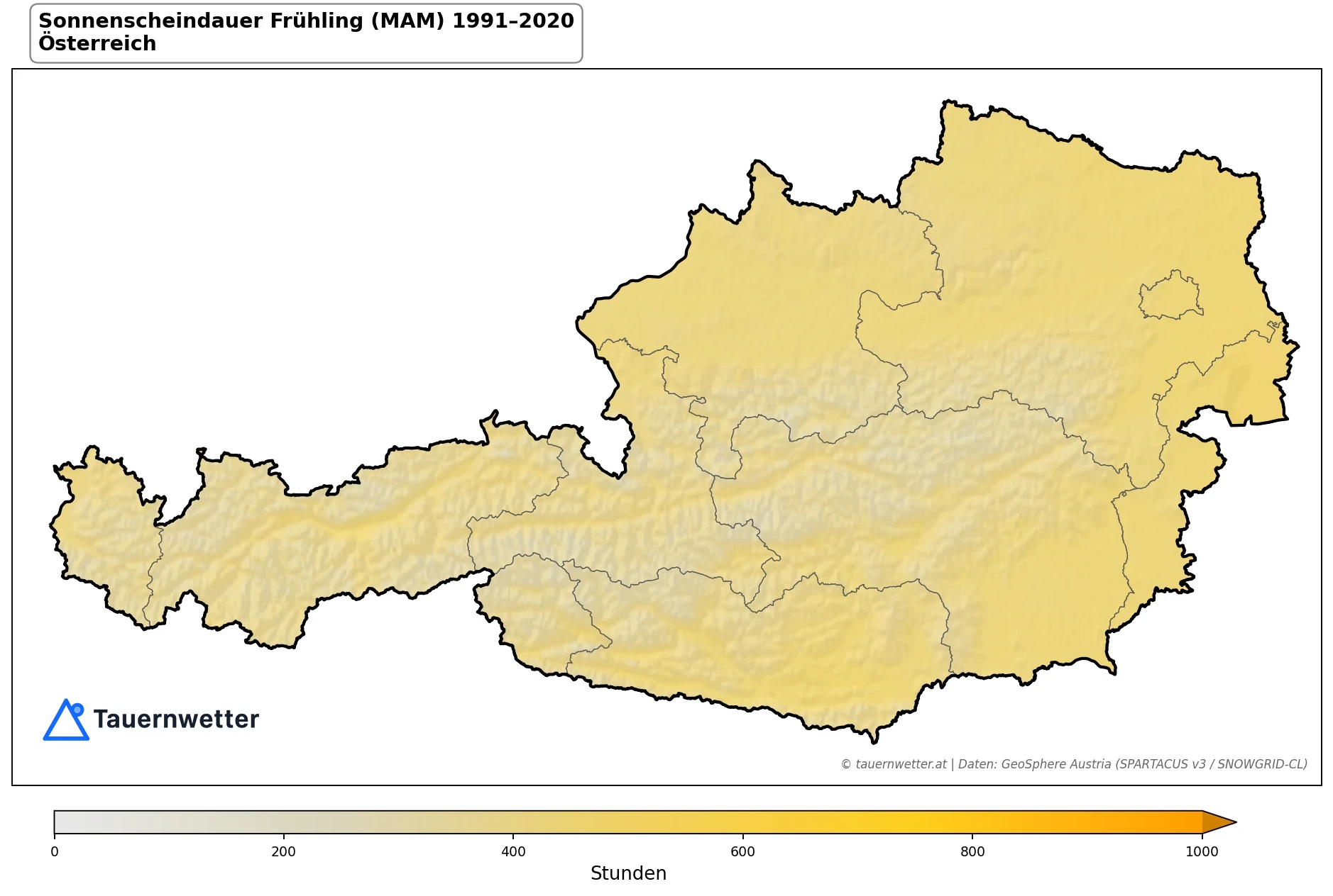 Klimakarte Sonnenscheindauer, Frühling (MAM) 1991–2020 in Österreich