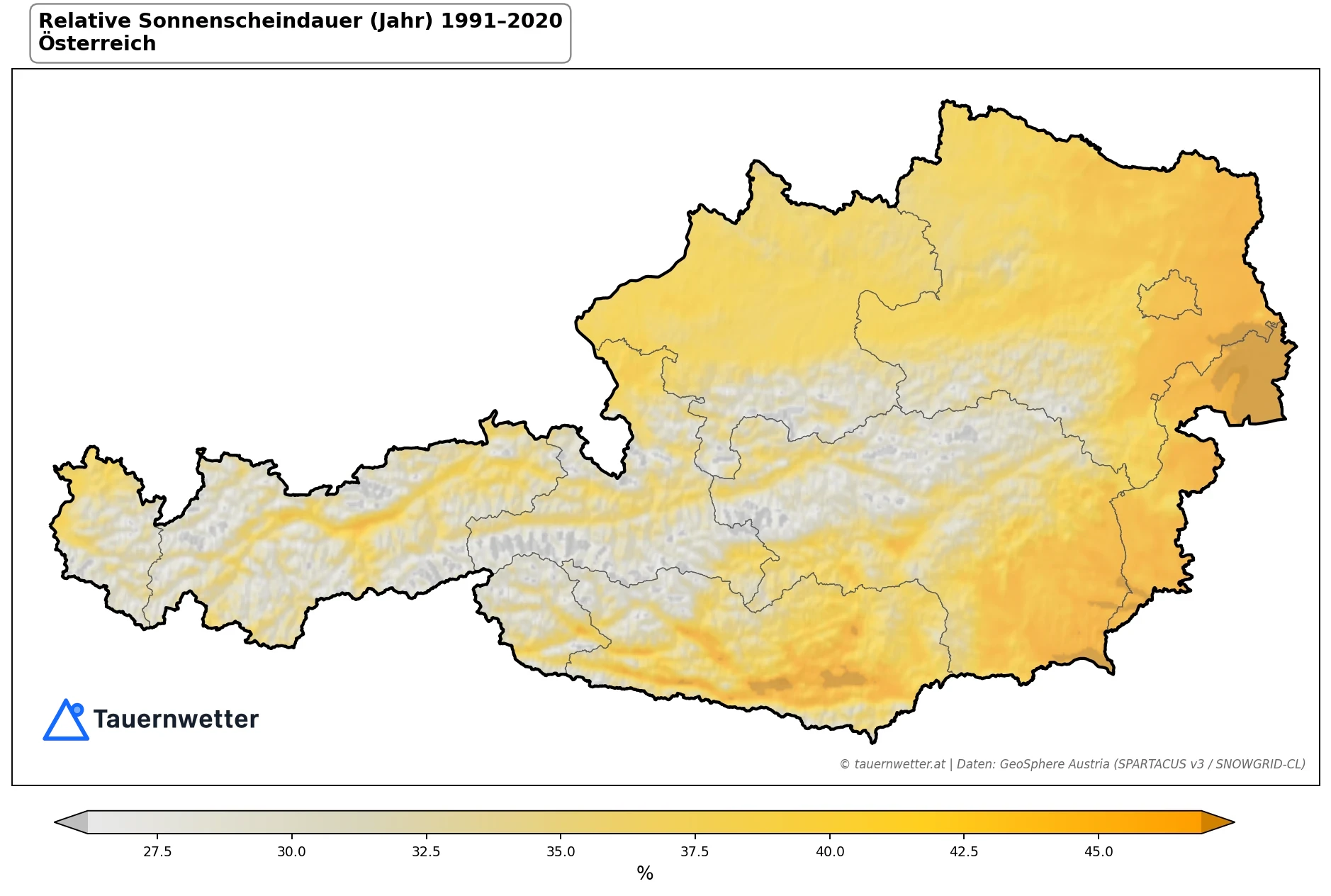 Klimakarte Relative Sonnenscheindauer, Jahr 1991–2020 in Österreich