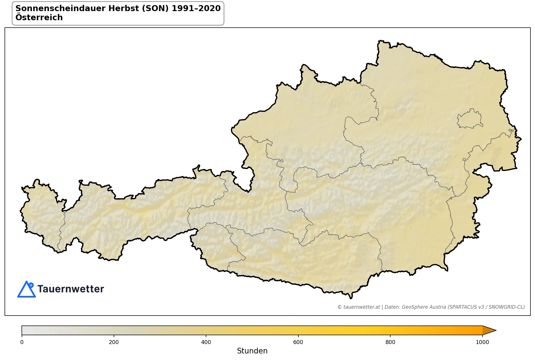 Klimakarte Sonnenscheindauer, Herbst (SON) 1991–2020 in Österreich