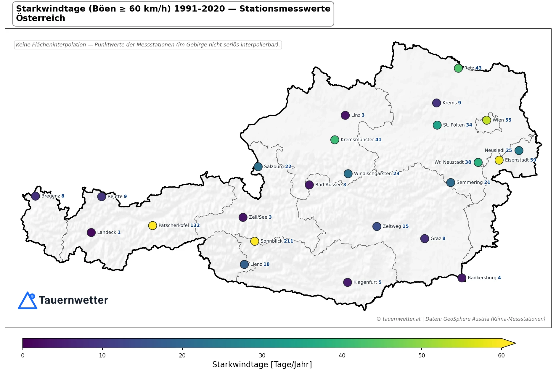 Klimakarte Starkwindtage (Stationen), Jahr 1991–2020 in Österreich