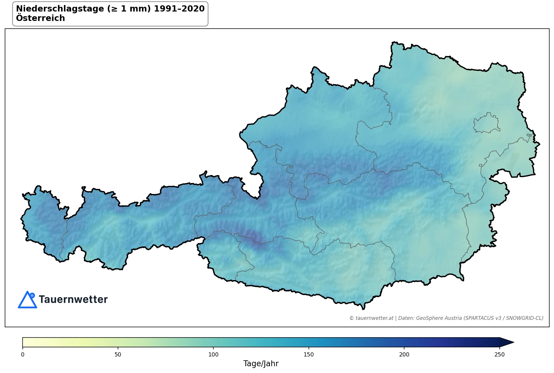 Klimakarte Niederschlagstage (≥ 1 mm), Jahr 1991–2020 in Österreich
