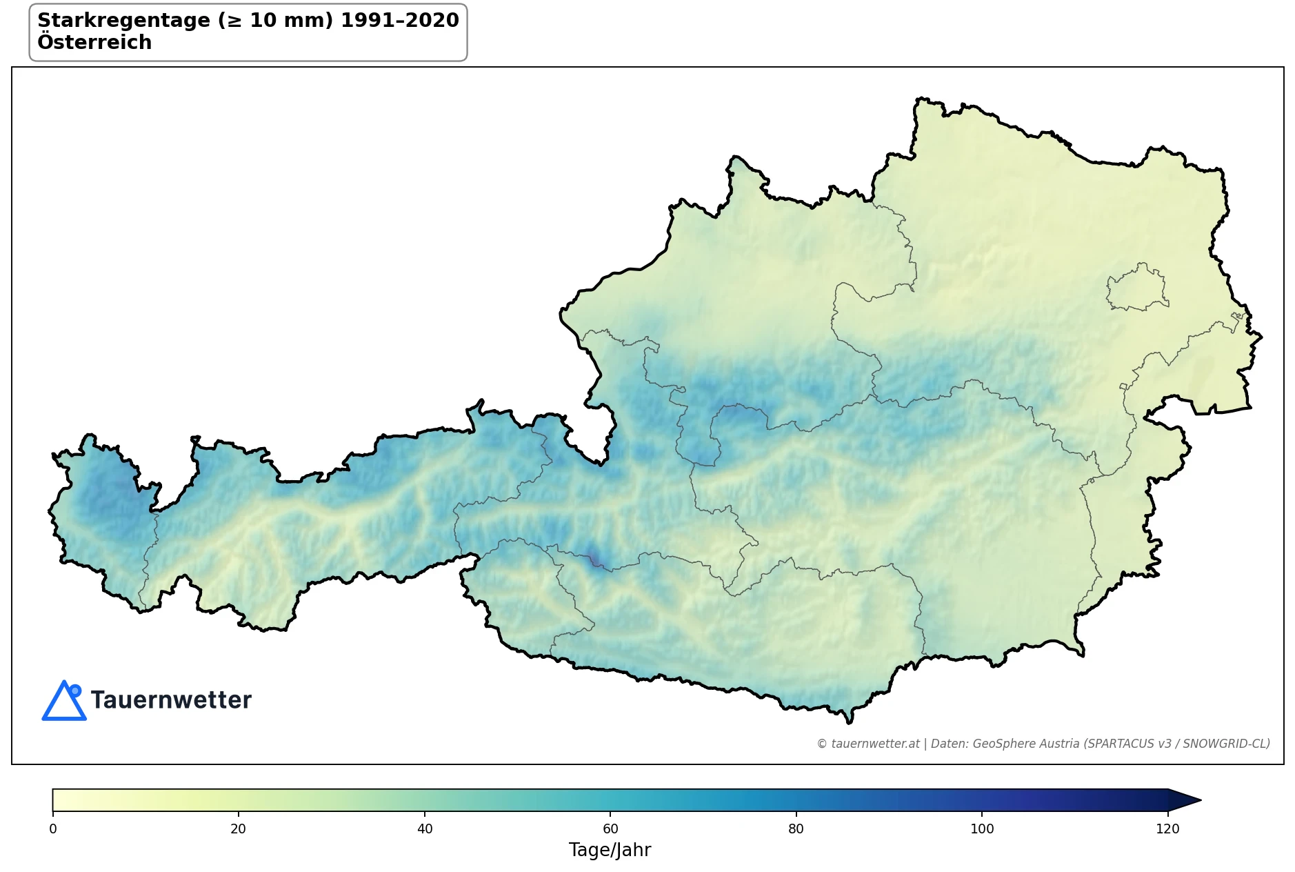 Klimakarte Starkniederschlagstage (≥ 10 mm), Jahr 1991–2020 in Österreich