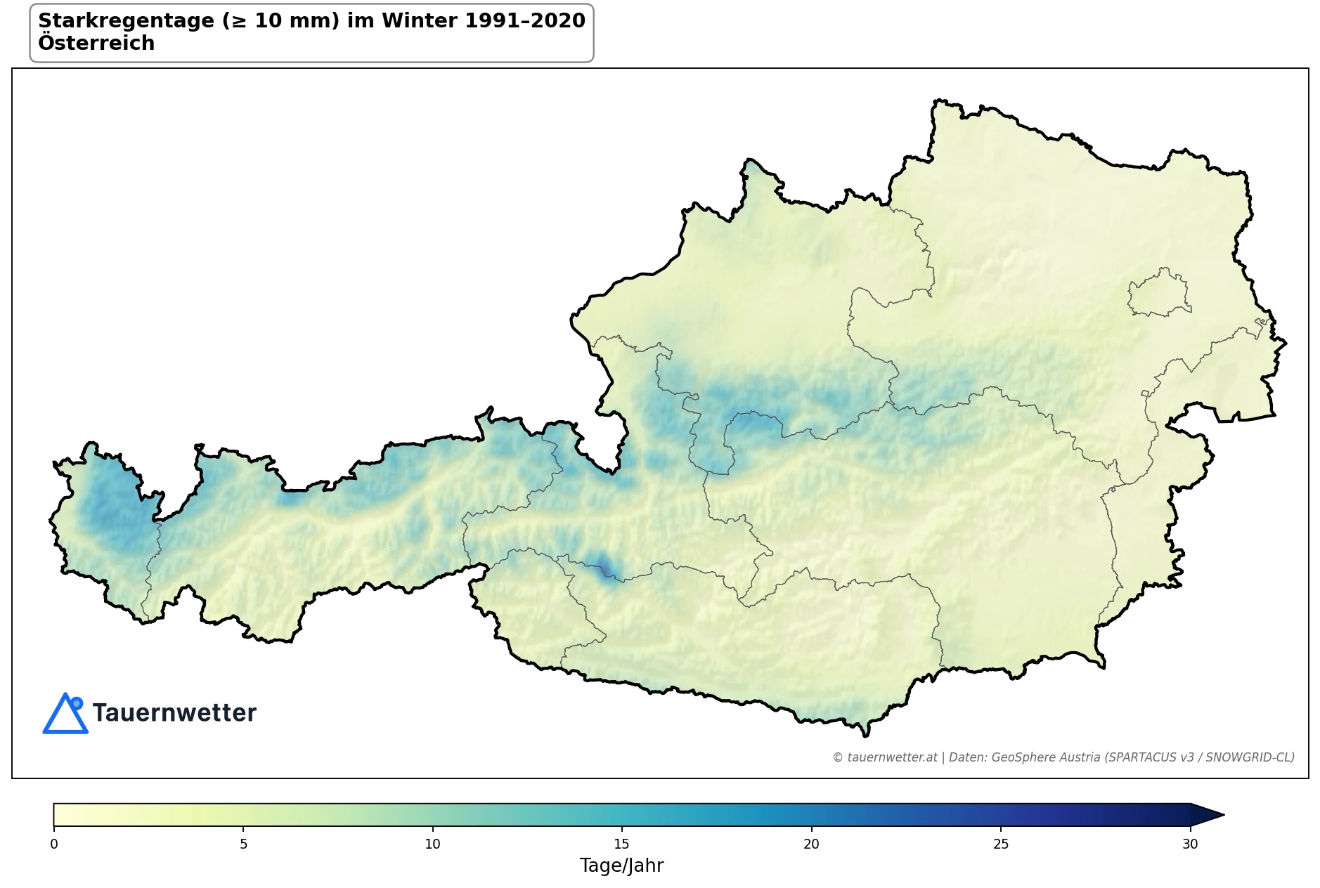 Klimakarte Starkniederschlagstage (≥ 10 mm), Winter (DJF) 1991–2020 in Österreich