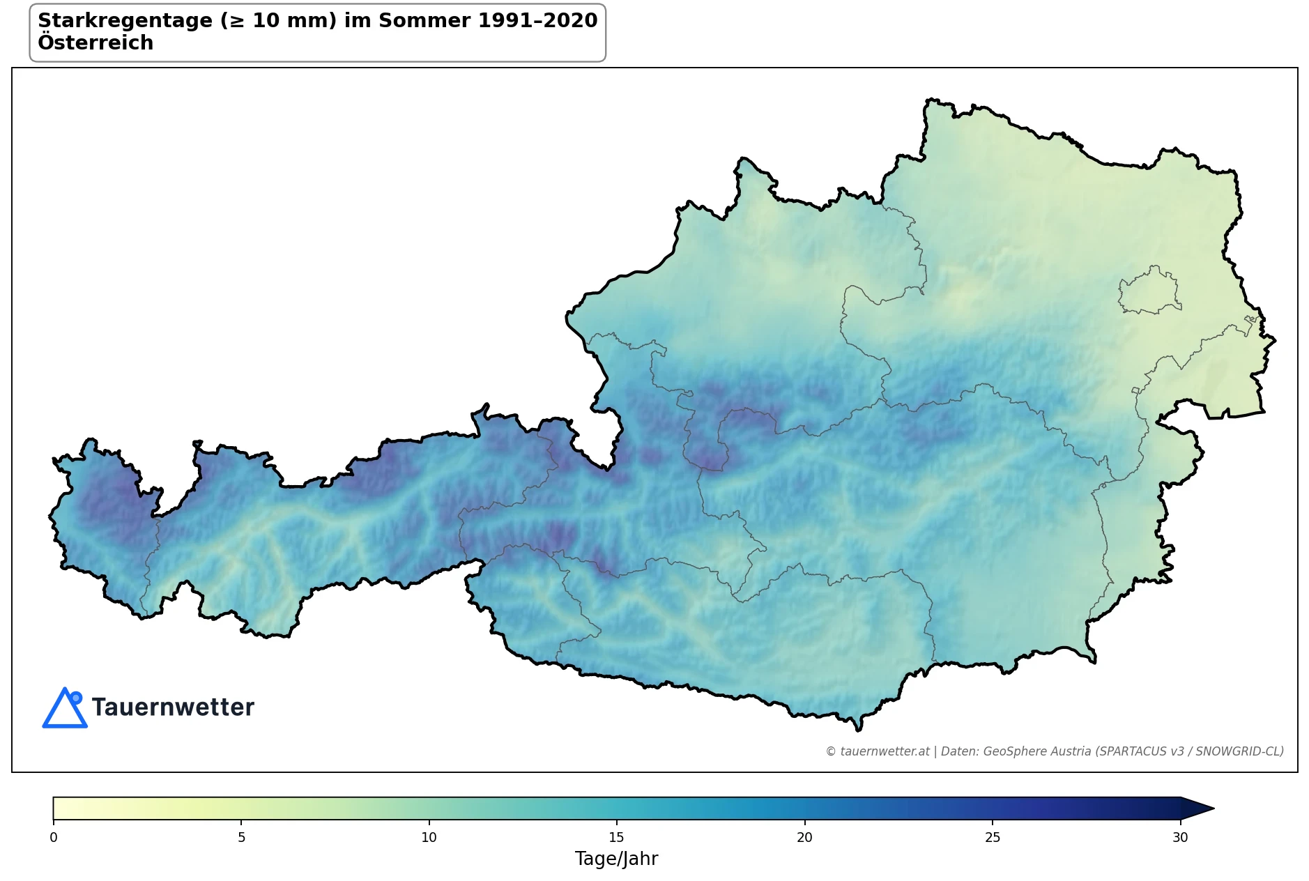 Klimakarte Starkniederschlagstage (≥ 10 mm), Sommer (JJA) 1991–2020 in Österreich