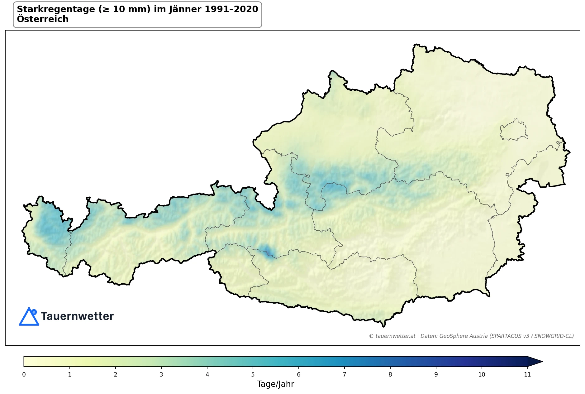 Klimakarte Starkniederschlagstage (≥ 10 mm), Jänner 1991–2020 in Österreich